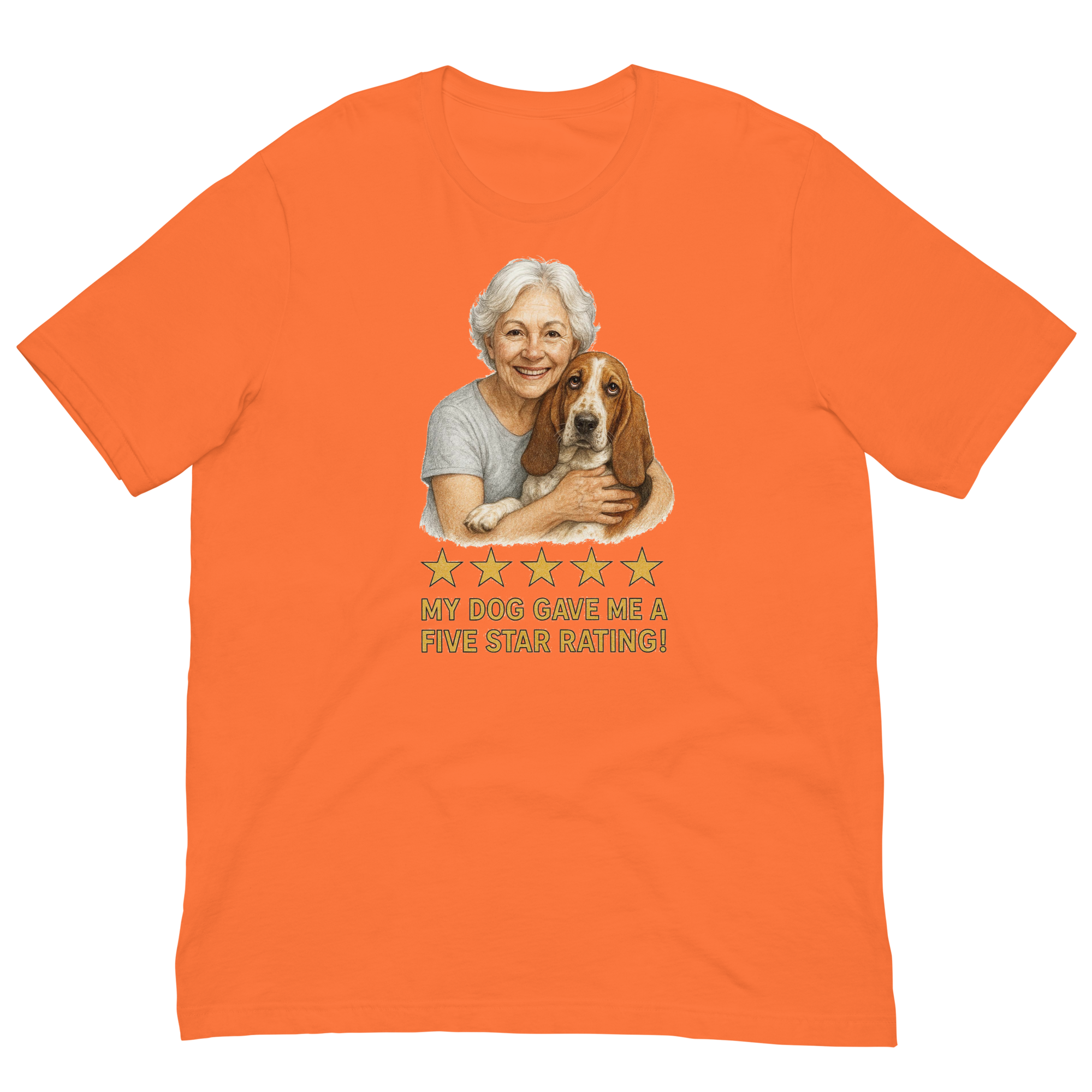 White Hair Woman with Basset Hound graphic tee.