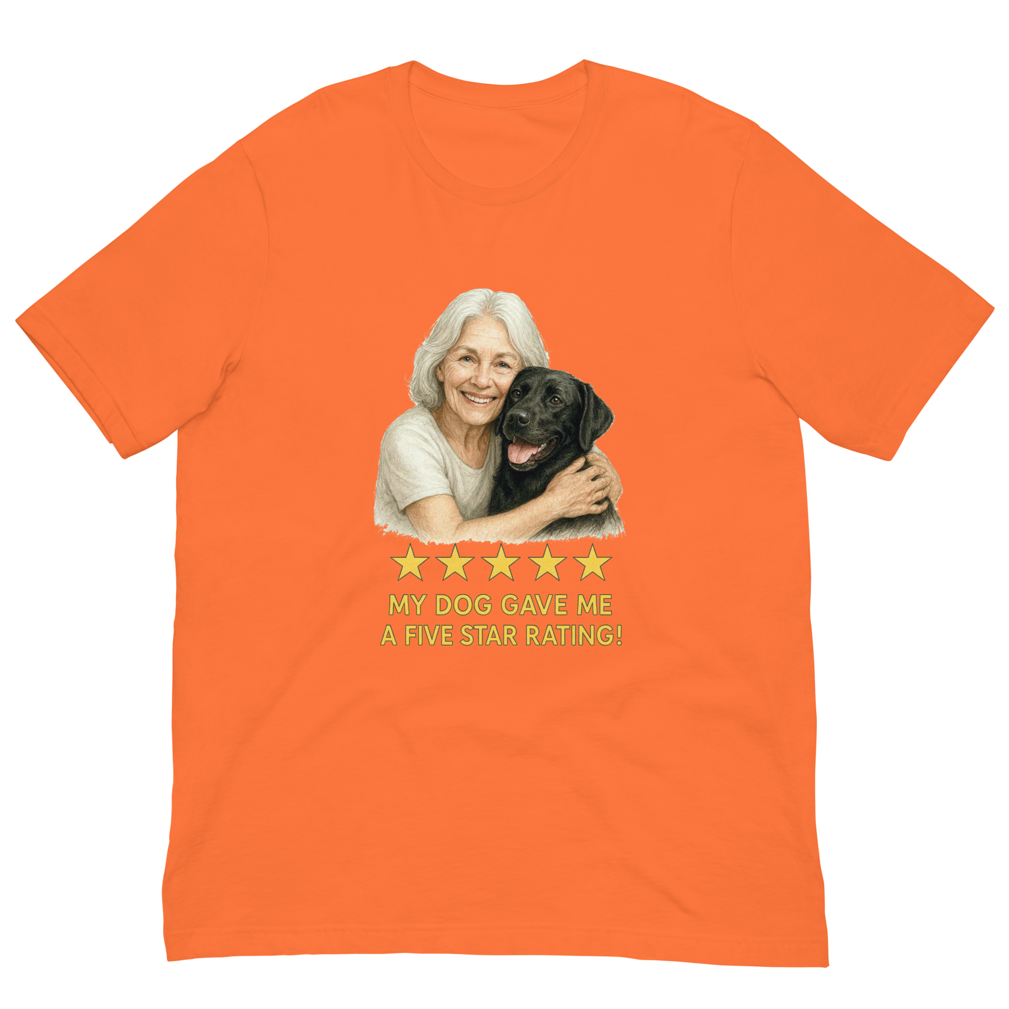 White Hair Woman with Black Labrador graphic tee.