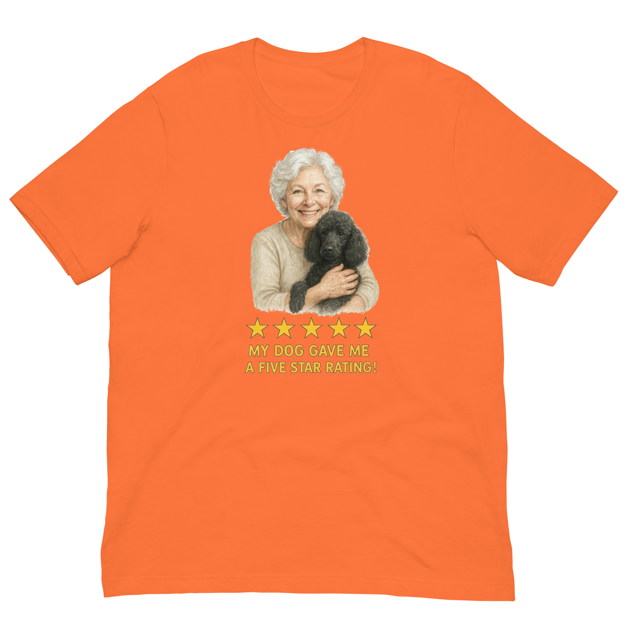 White Hair Woman with Black Poodle graphic tee.