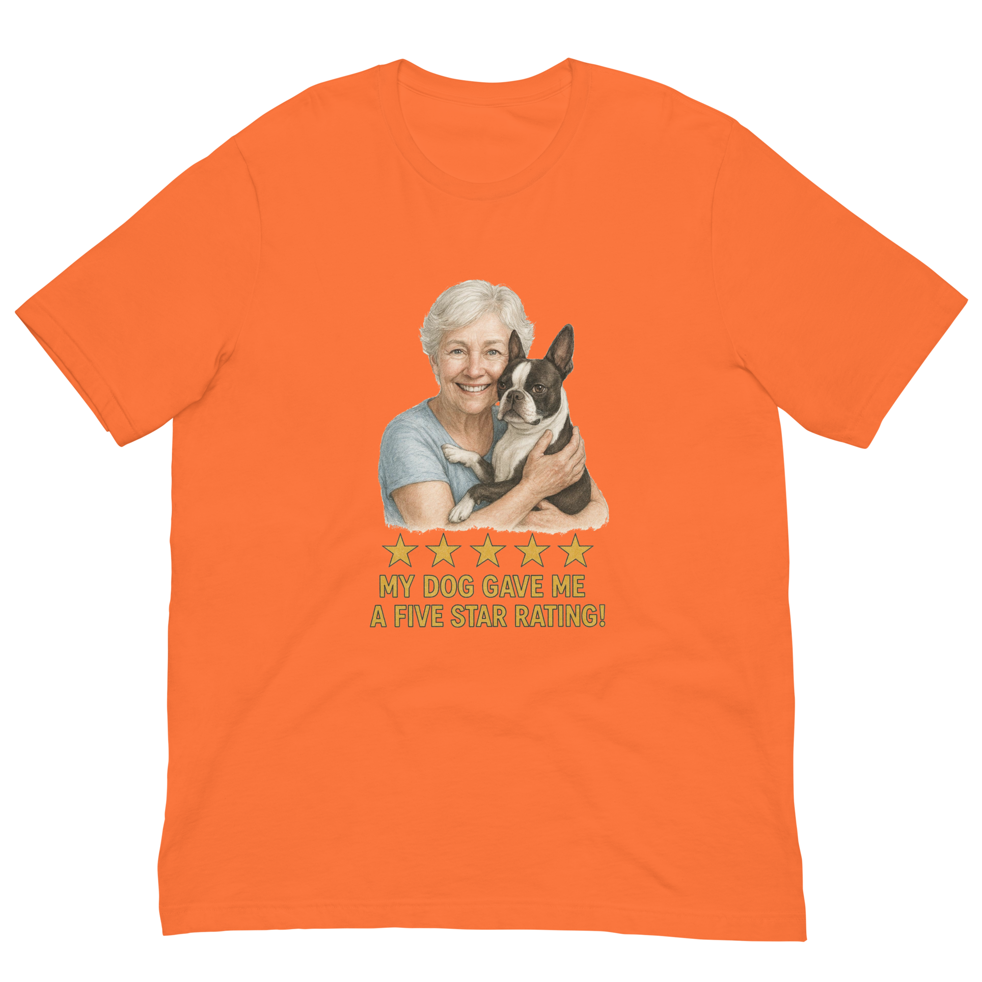 White Hair Woman with Boston Terrier graphic tee.