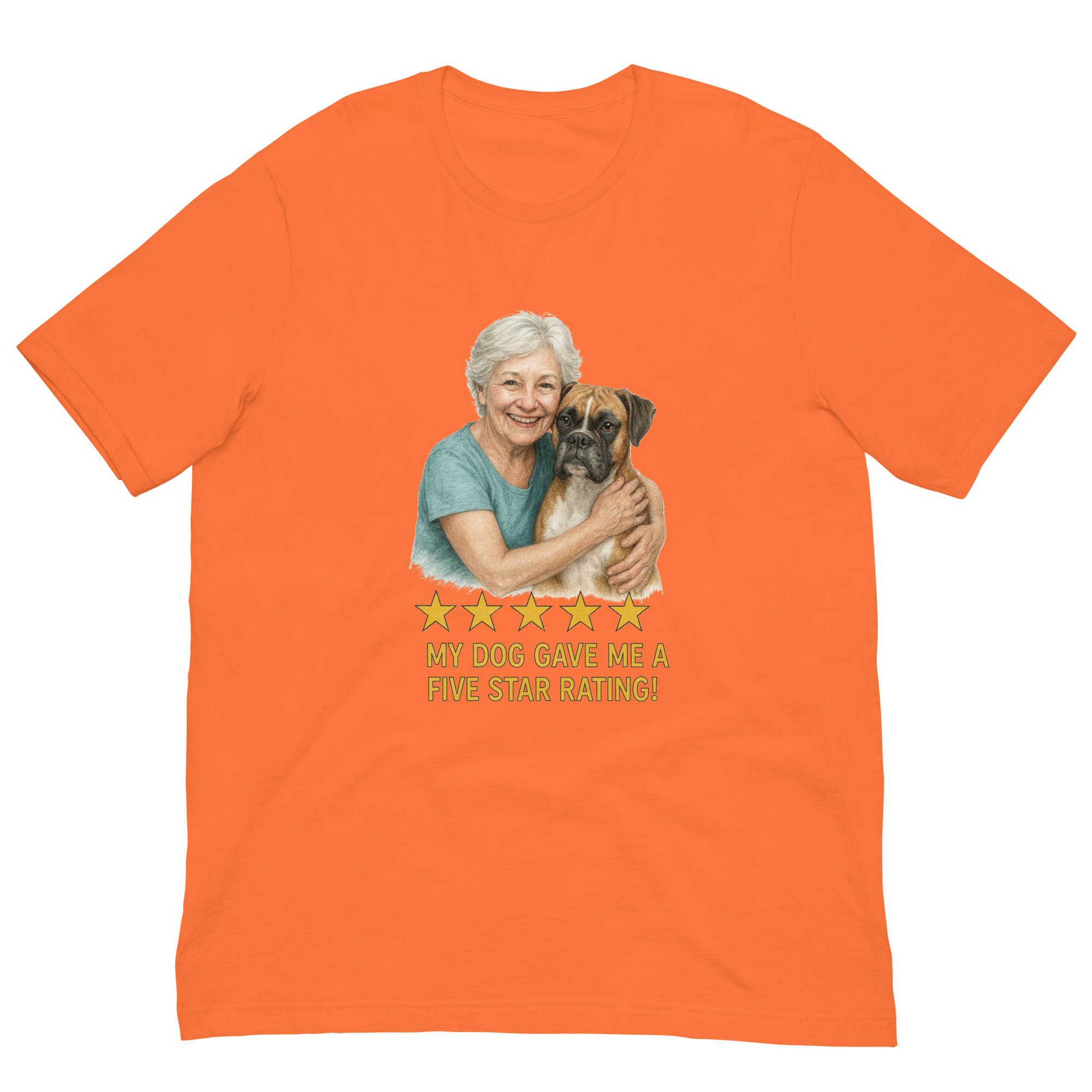 White Hair Woman with Boxer graphic tee.