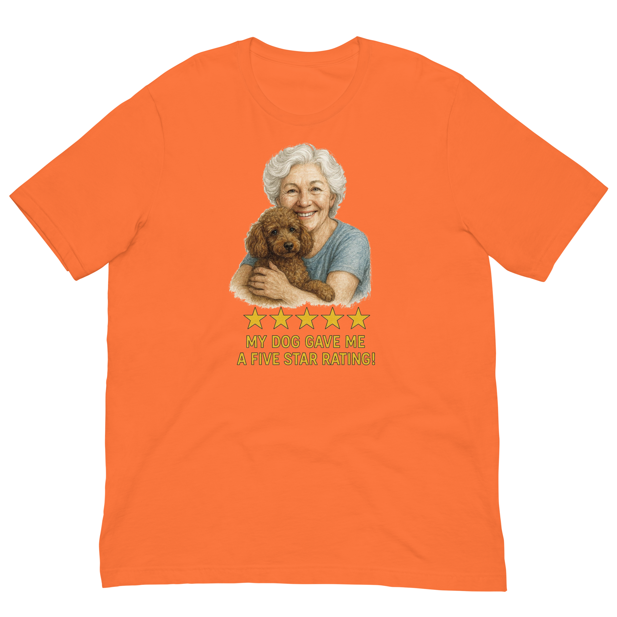 White Hair Woman with Brown Poodle graphic tee.
