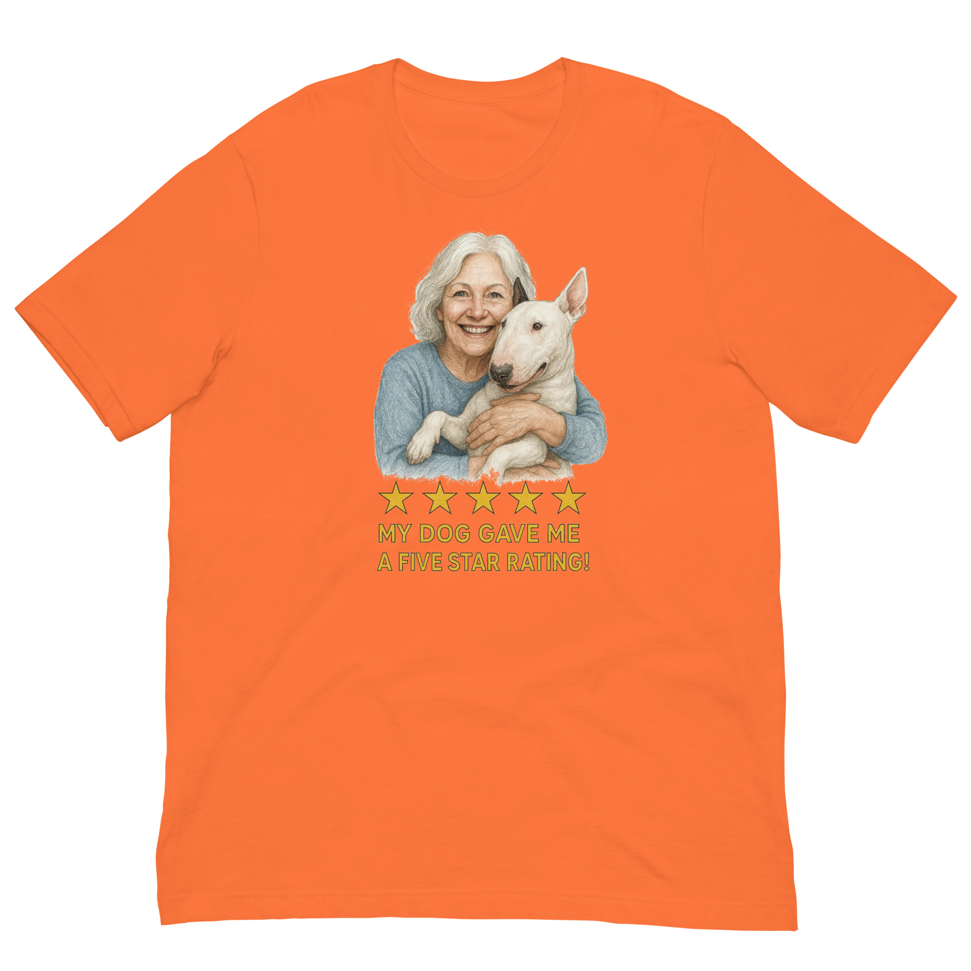 White Hair Woman with Bull Terrier graphic tee.