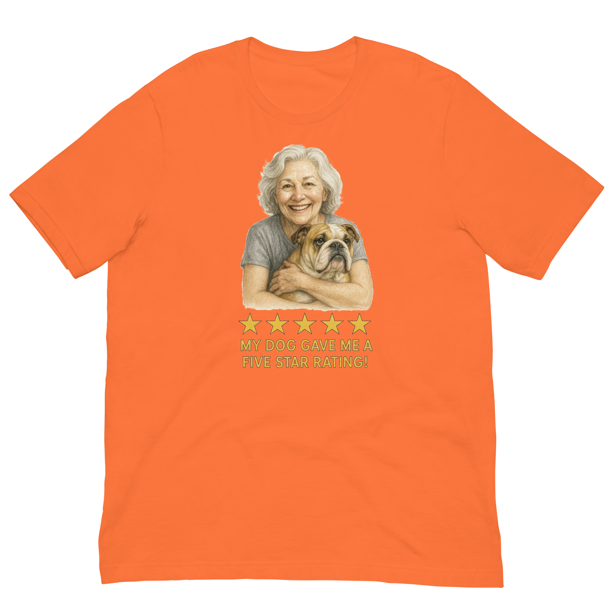 White Hair Woman with Bulldog graphic tee.
