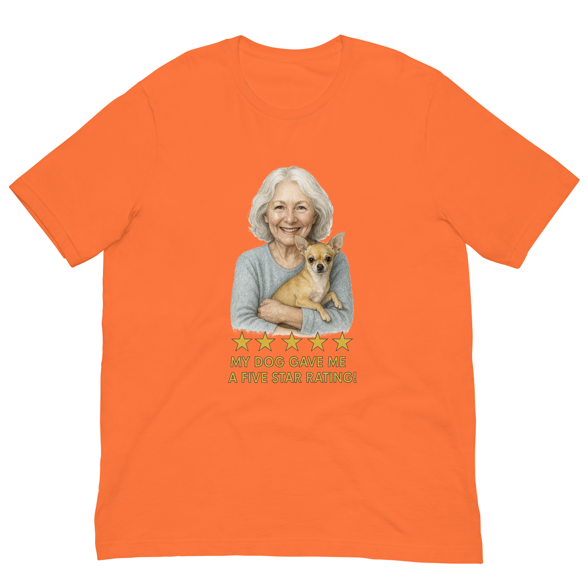 White Hair Woman with Chihuahua graphic tee.