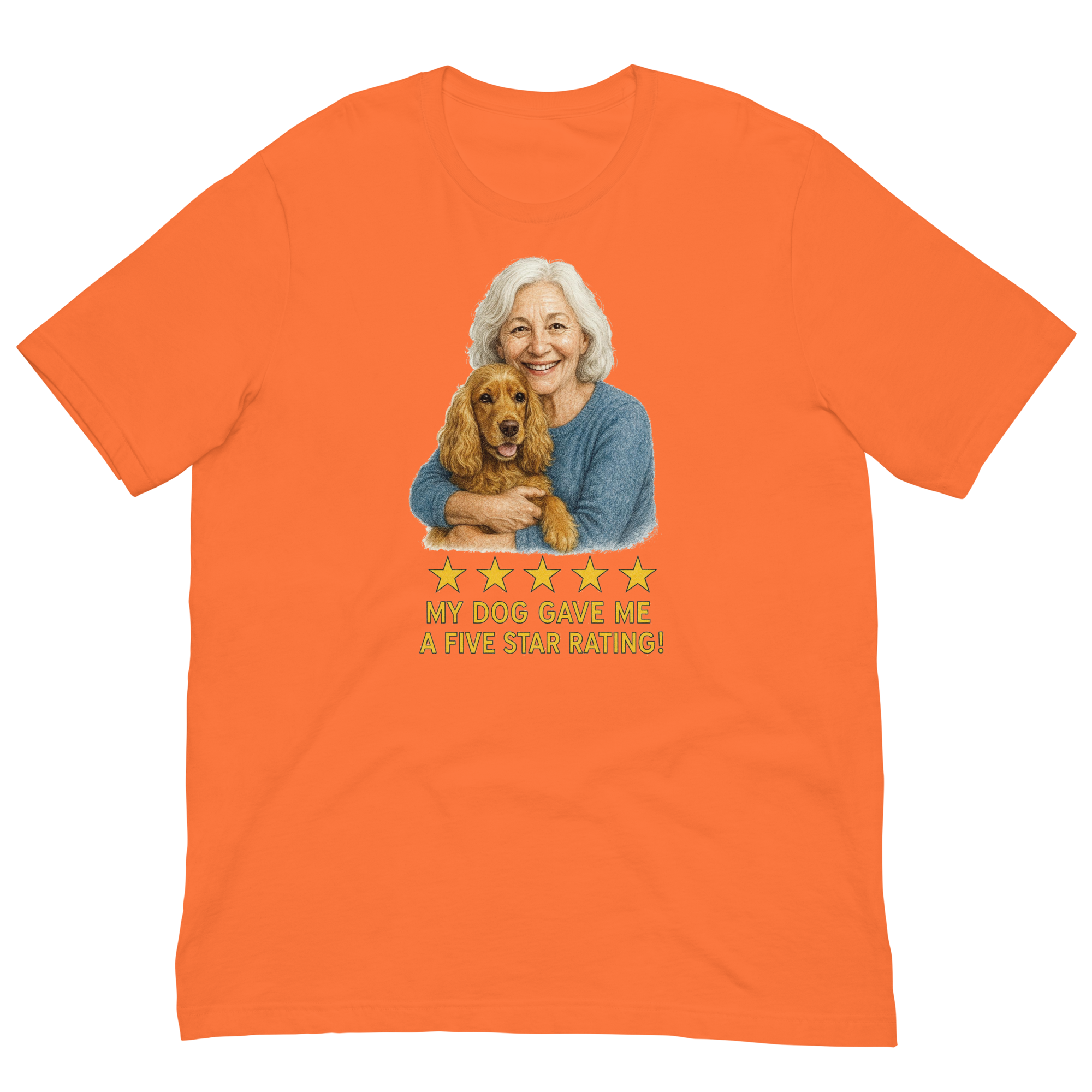 White Hair Woman with Cocker Spaniel graphic tee.
