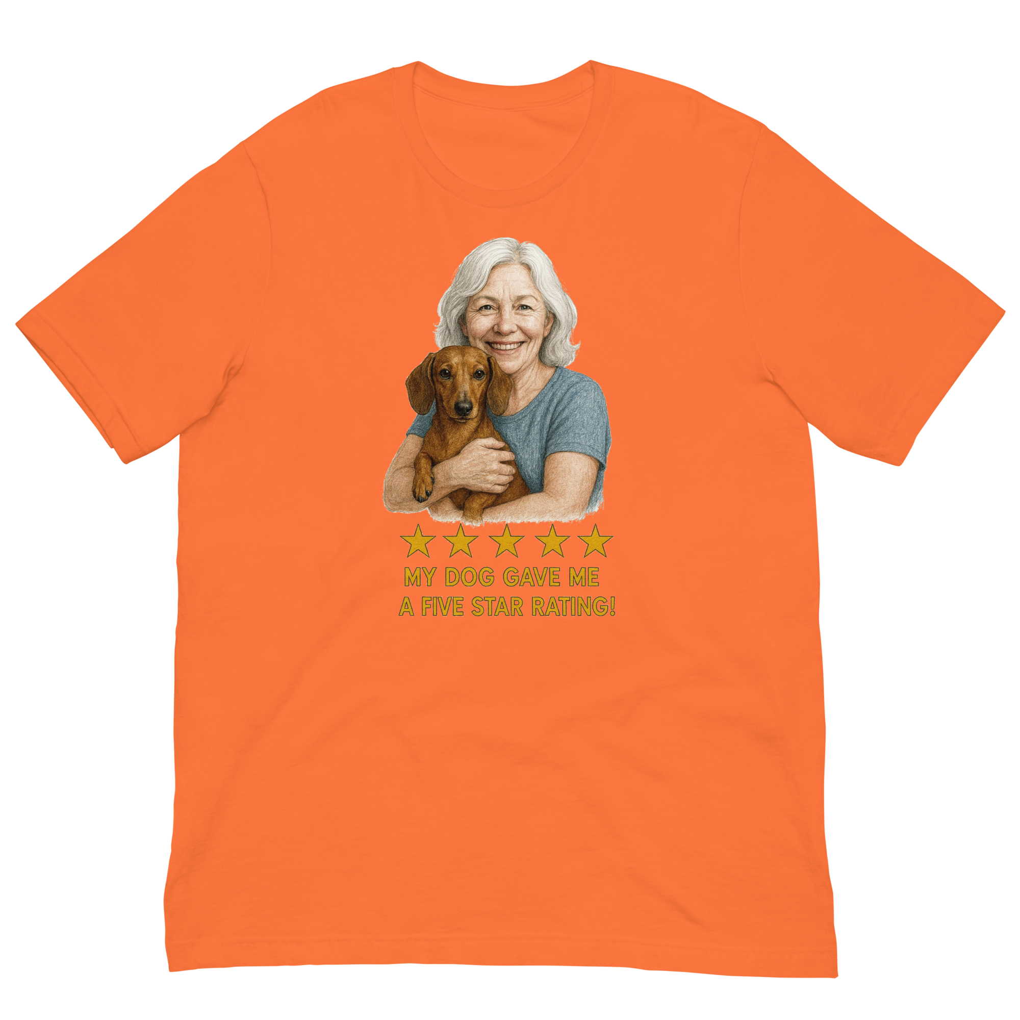 White Hair Woman with Dachshund graphic tee.
