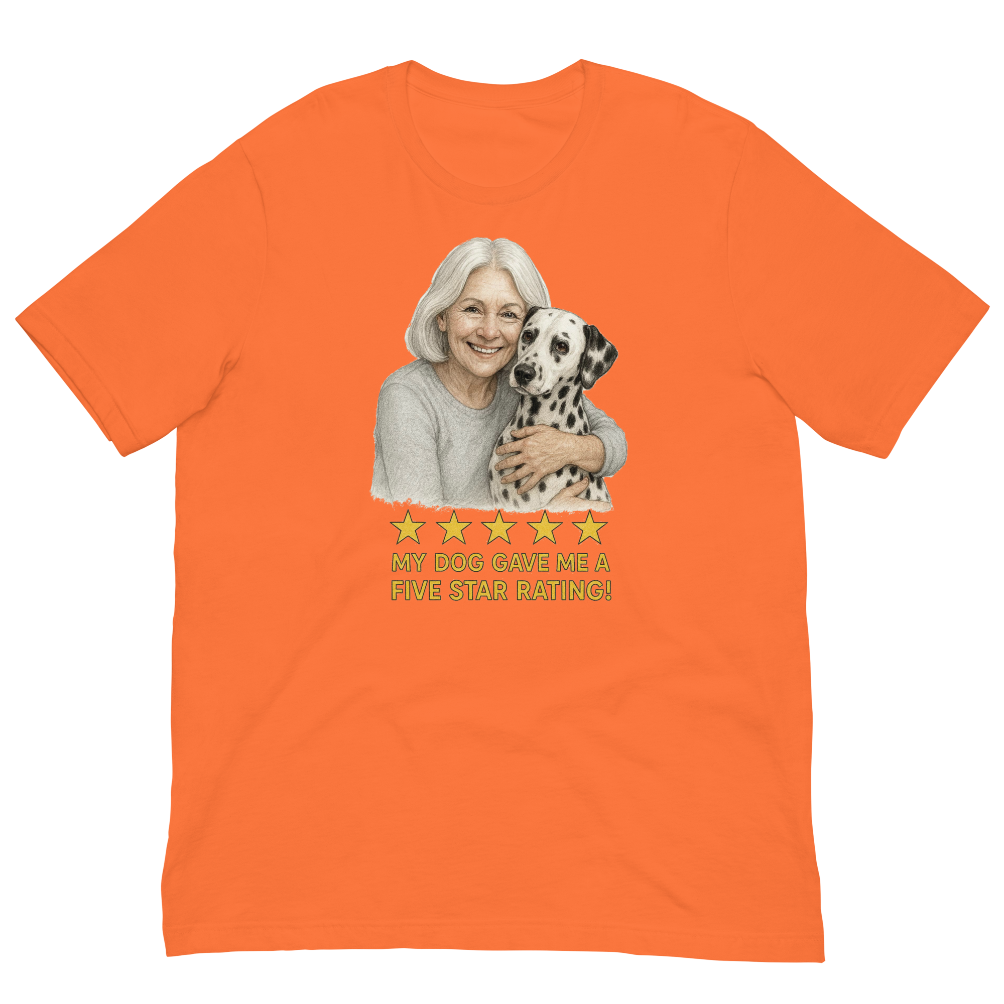 White Hair Woman with Dalmatian graphic tee.