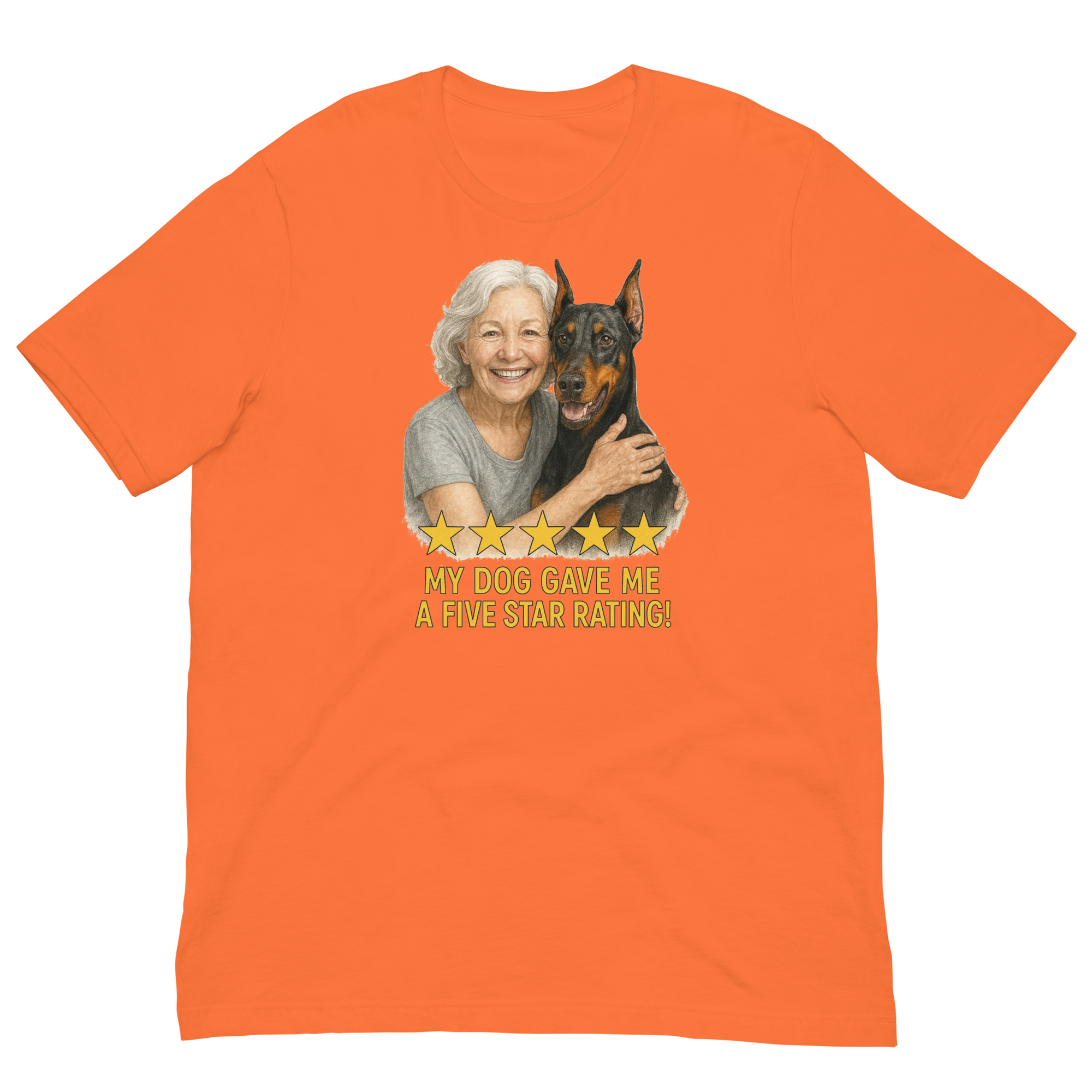 White Hair Woman with Doberman Pinscher graphic tee.