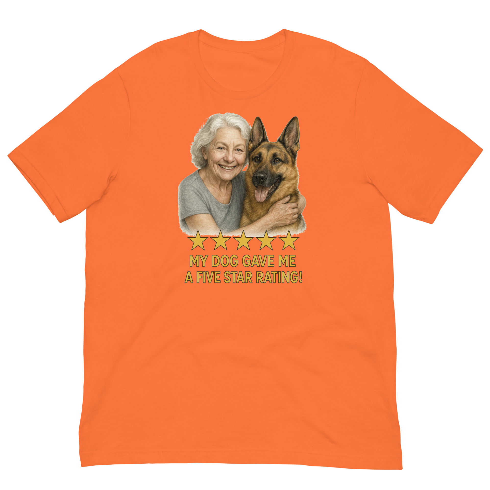 White Hair Woman with German Shepherd graphic tee.