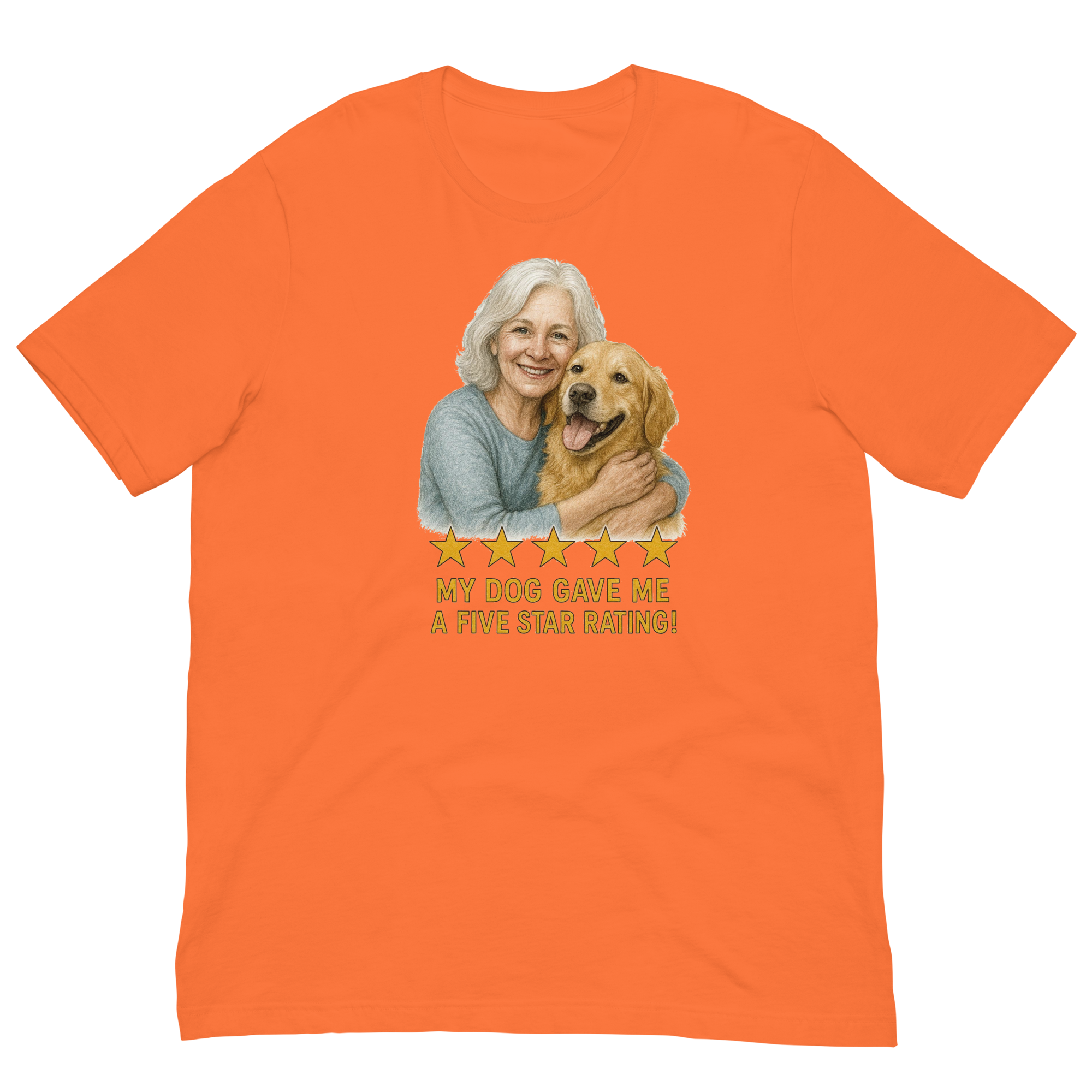 White Hair Woman with Golden Retriever graphic tee.