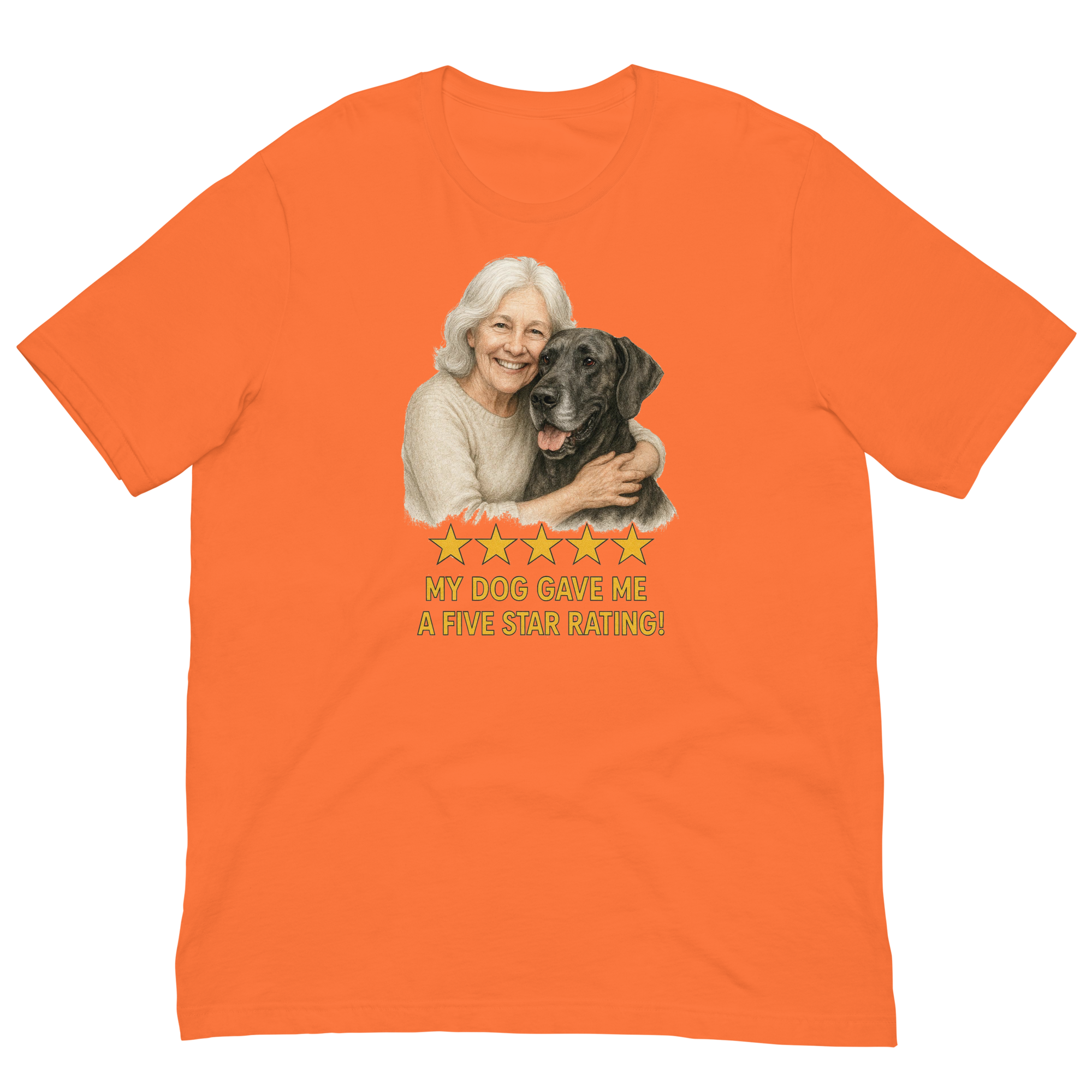 White Hair Woman with Great Dane graphic tee.