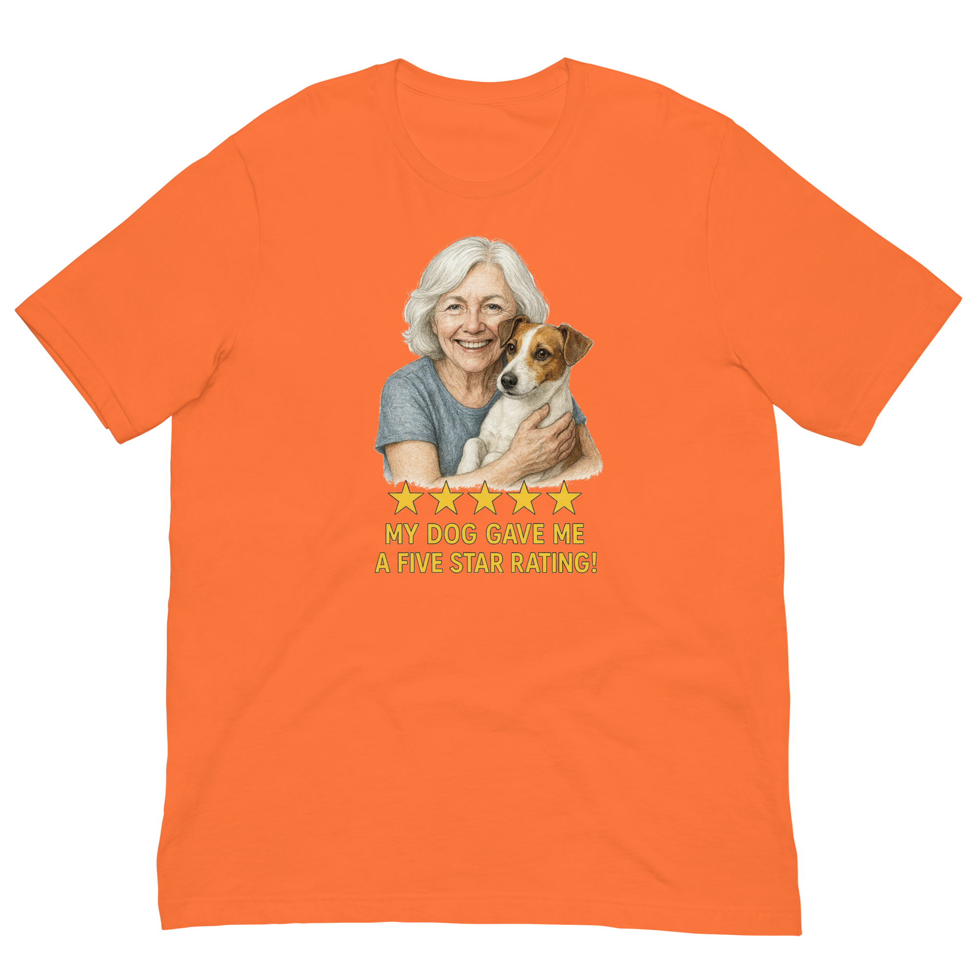 White Hair Woman with Jack Russell Terrier graphic tee.