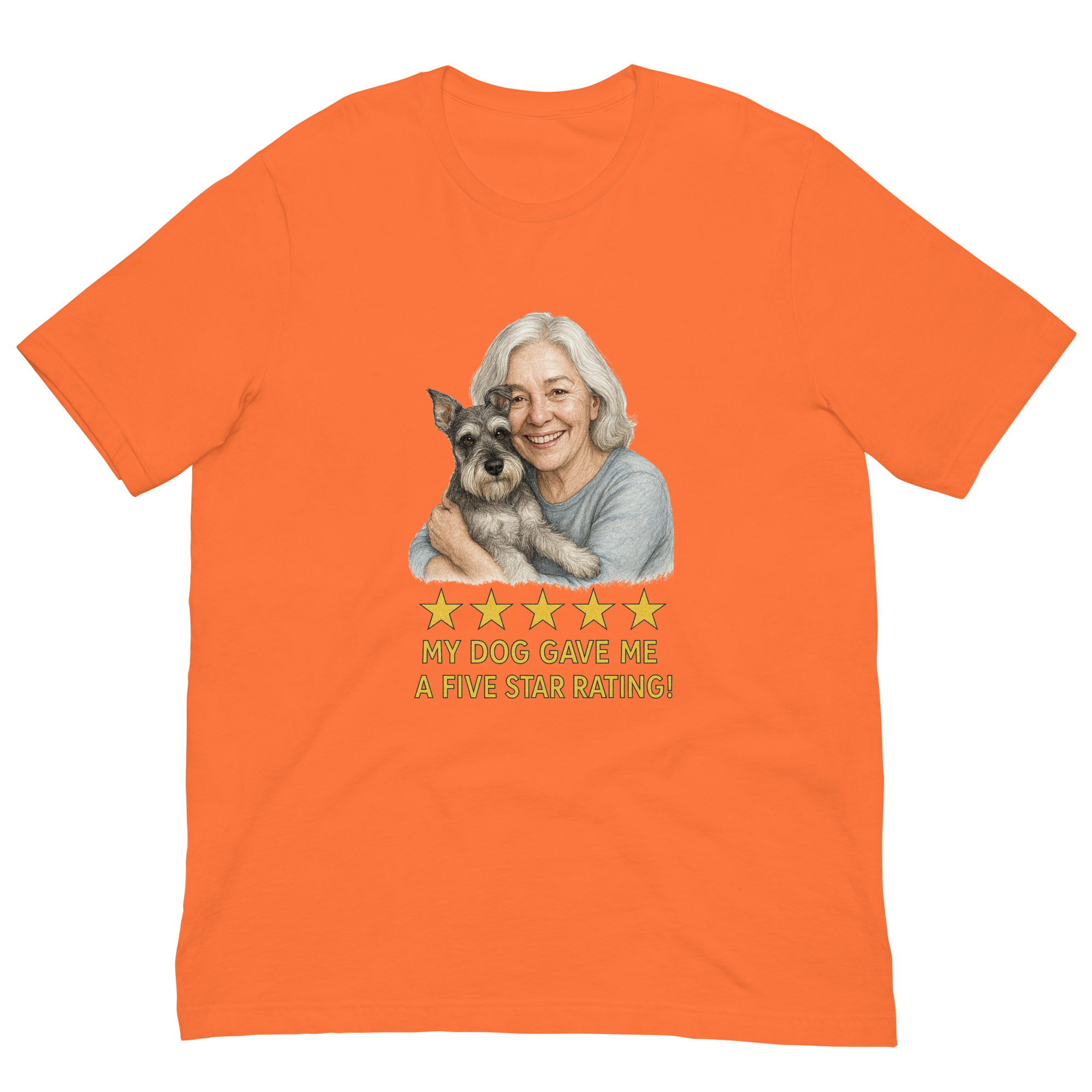 White Hair Woman with Schnauzer graphic tee.