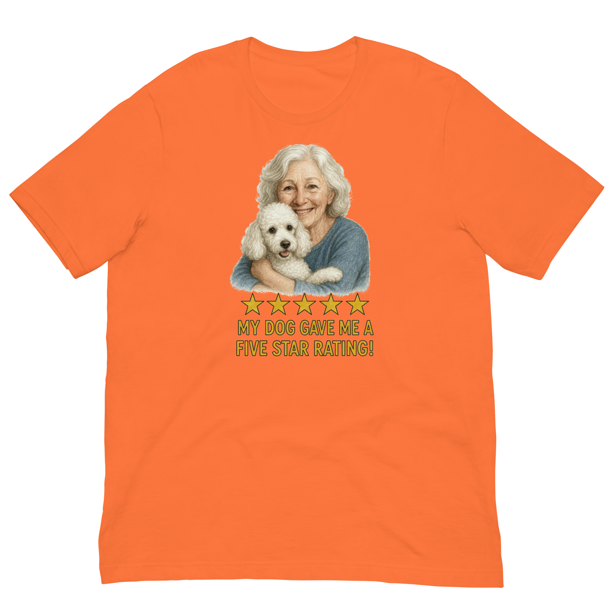 White Hair Woman with White Poodle graphic tee.