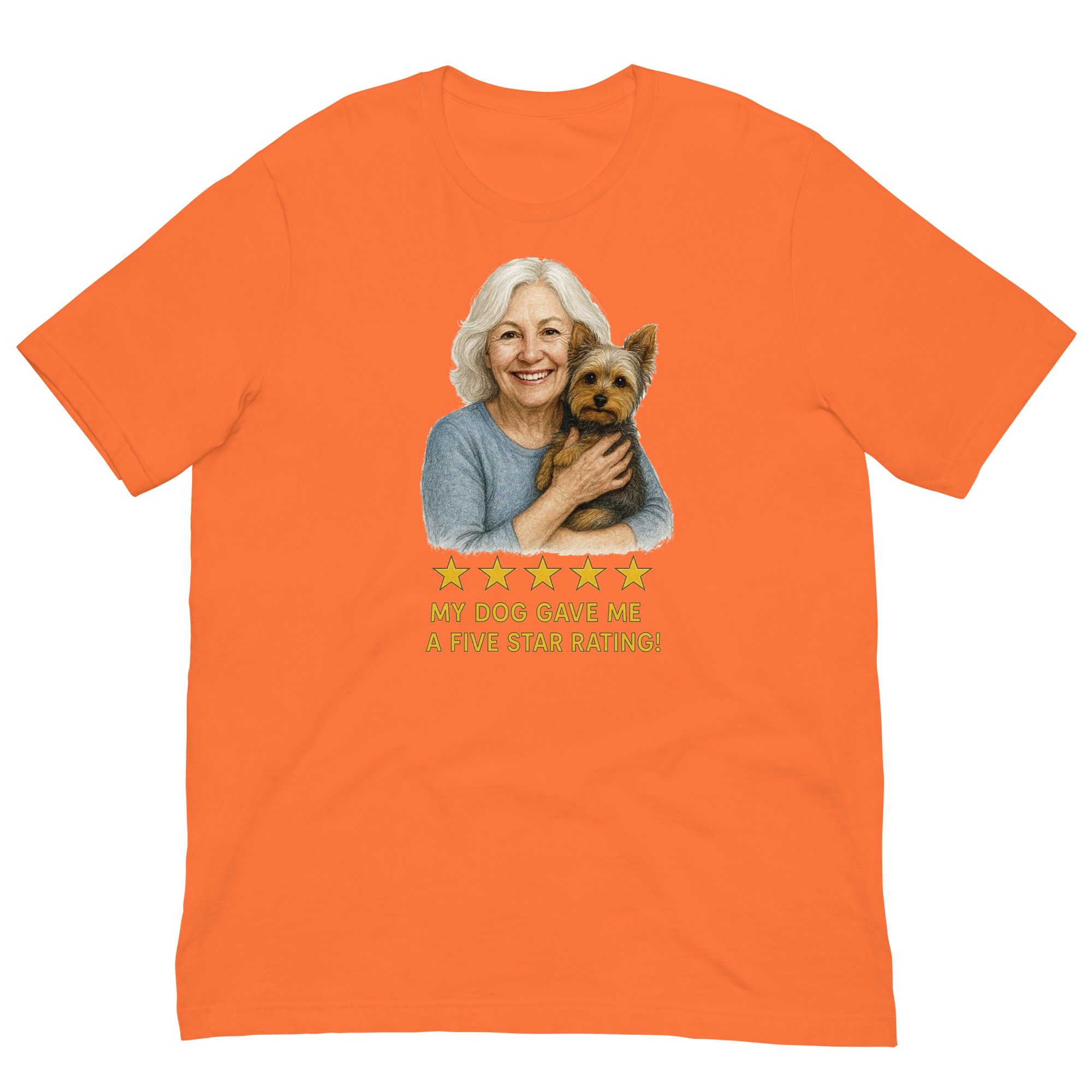 White Hair Woman with Yorkie graphic tee.