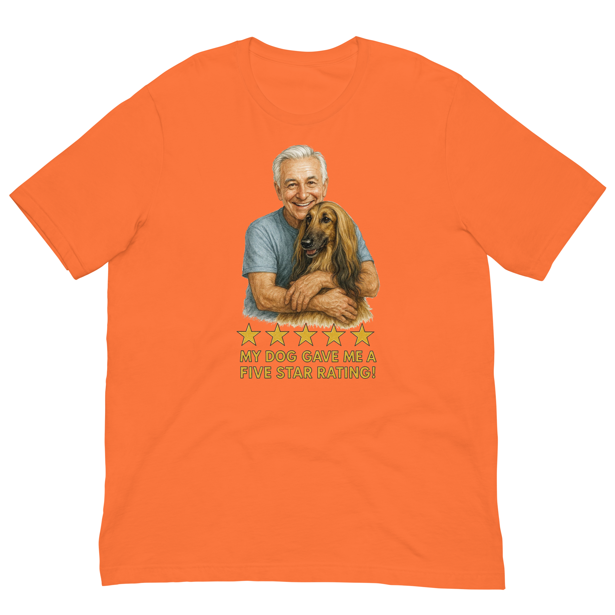 White Hair Man with Afghan Hound graphic tee.