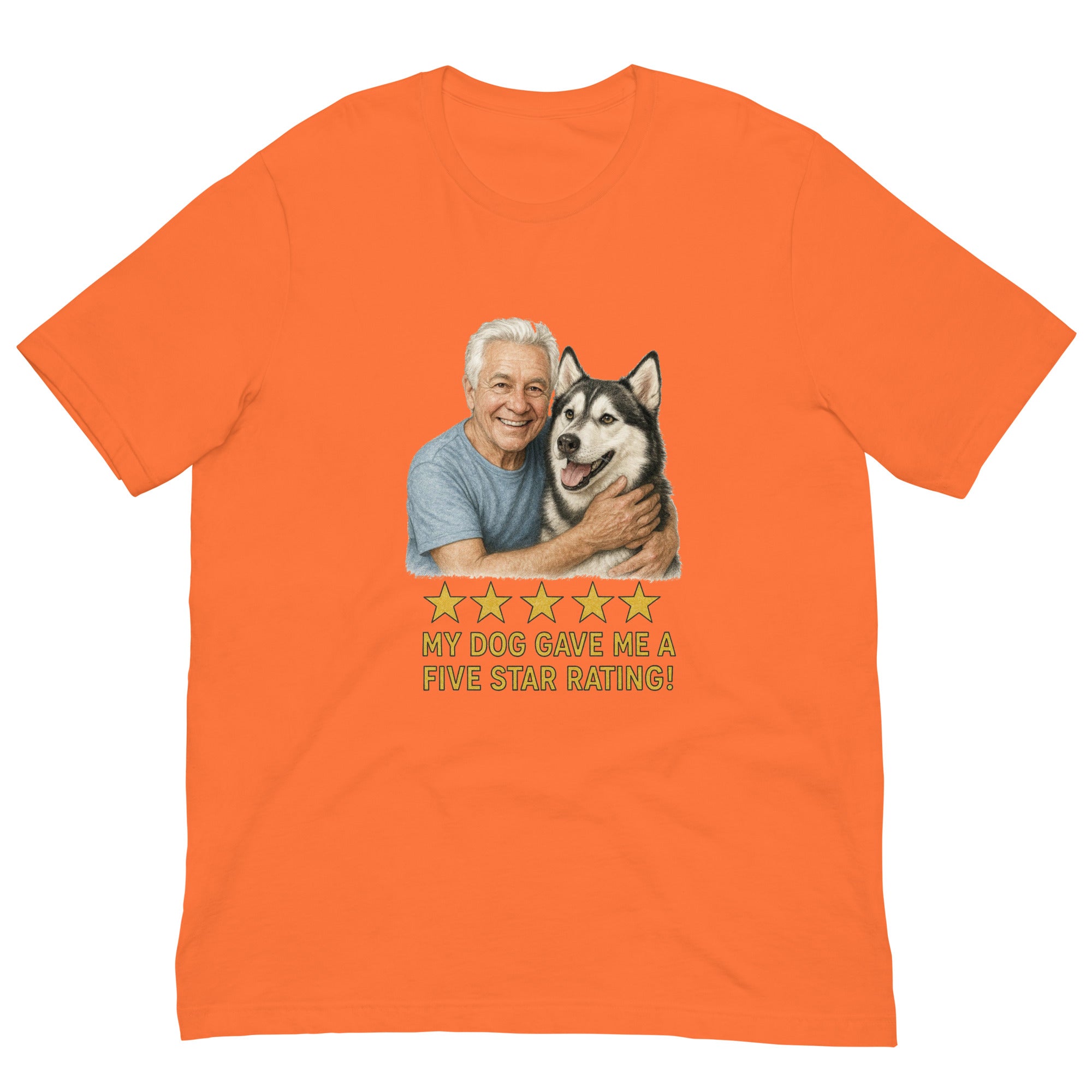 White Hair Man with Alaskan Husky graphic tee.