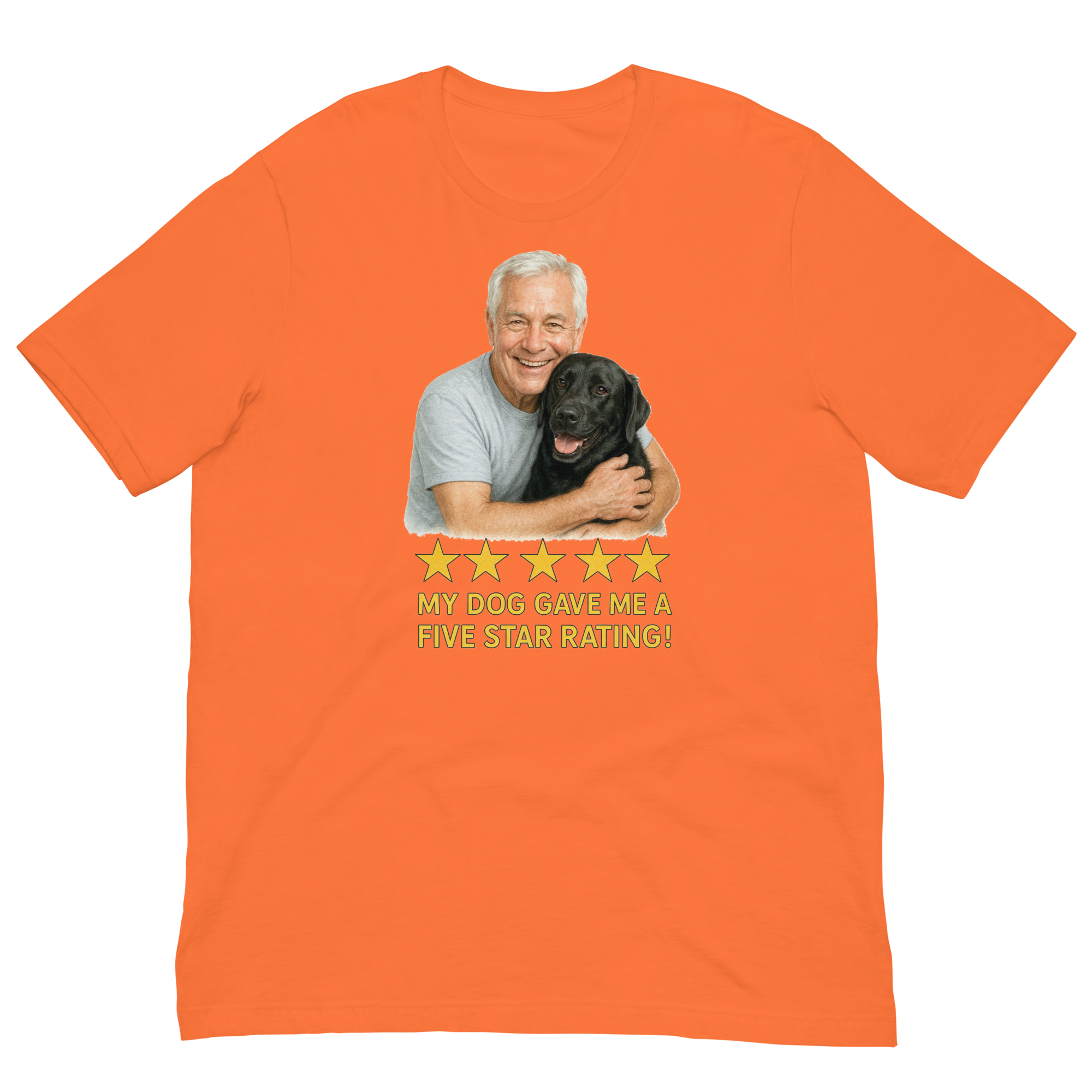 White Hair Man with Black Labrador graphic tee.