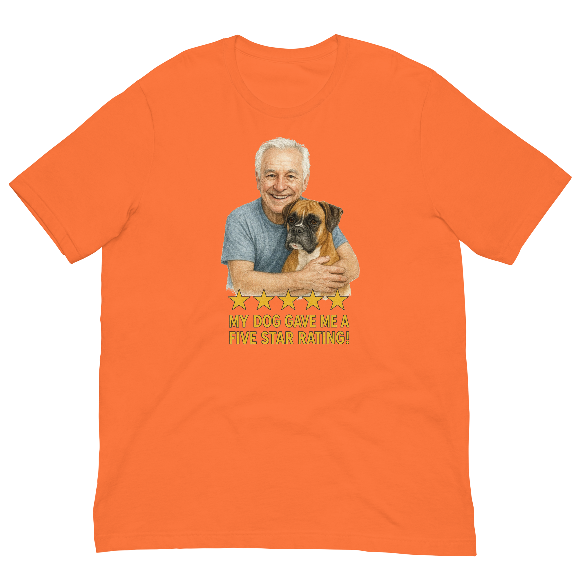 White Hair Man with Boxer graphic tee.