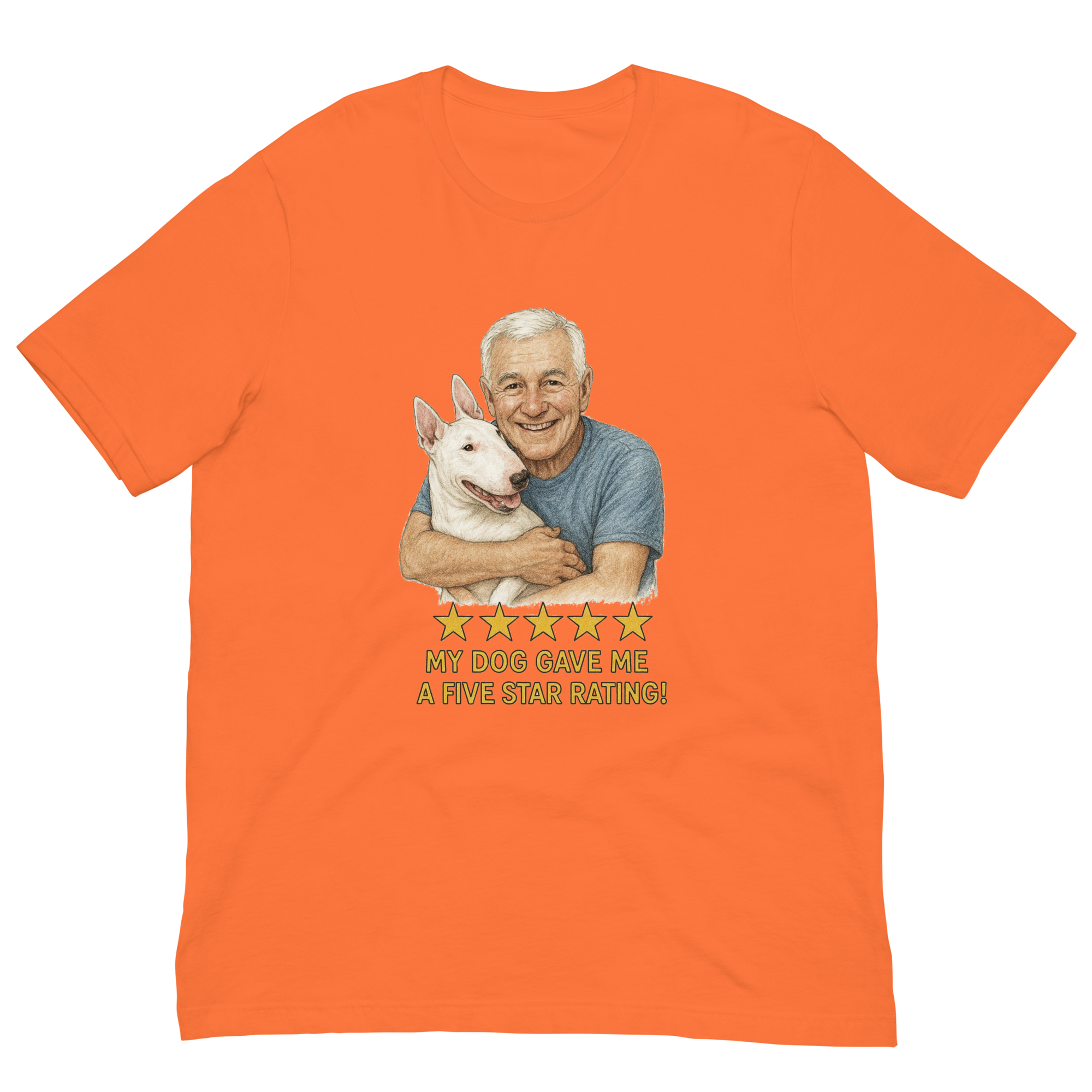 White Hair Man with Bull Terrier graphic tee.