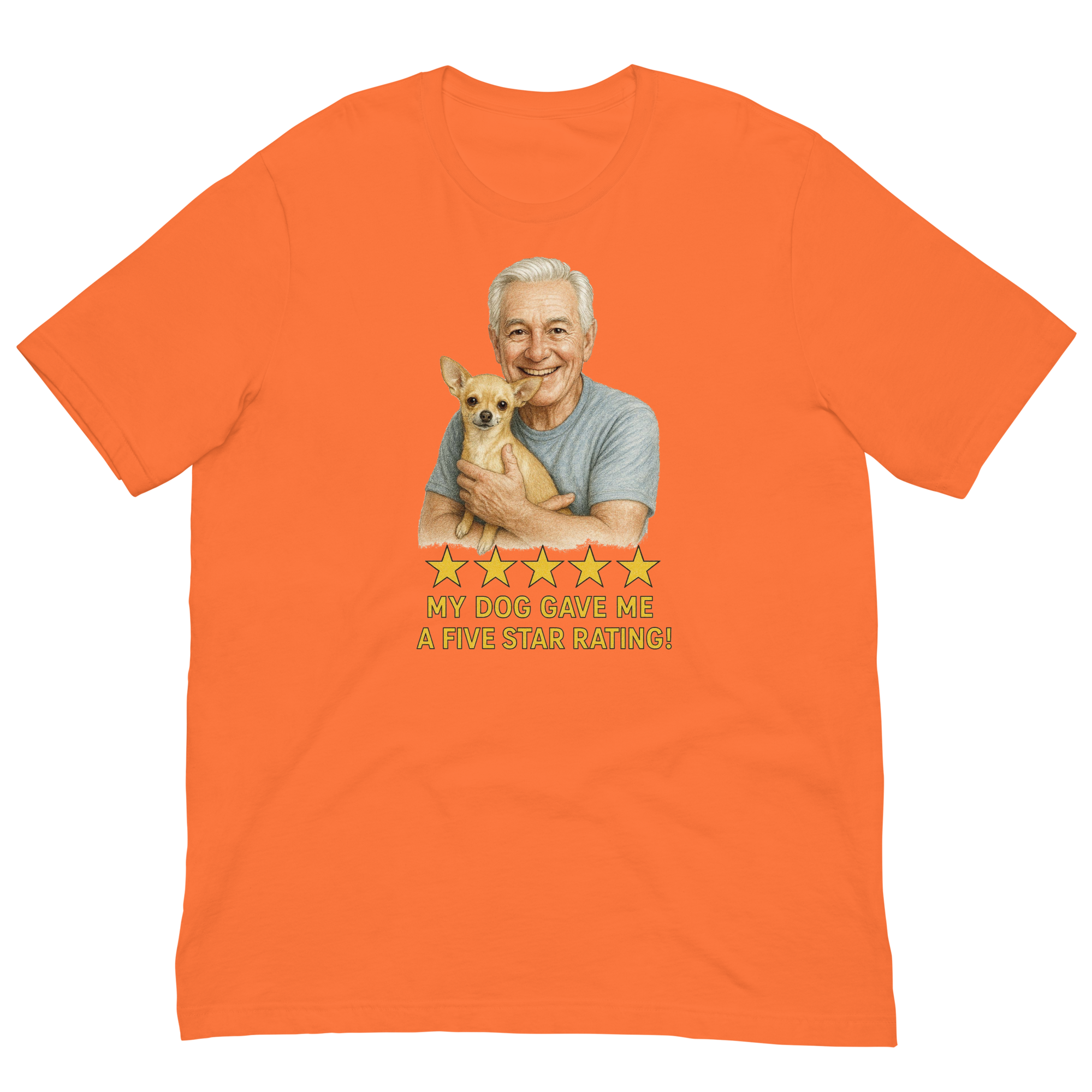 White Hair Man with Chihuahua graphic tee.