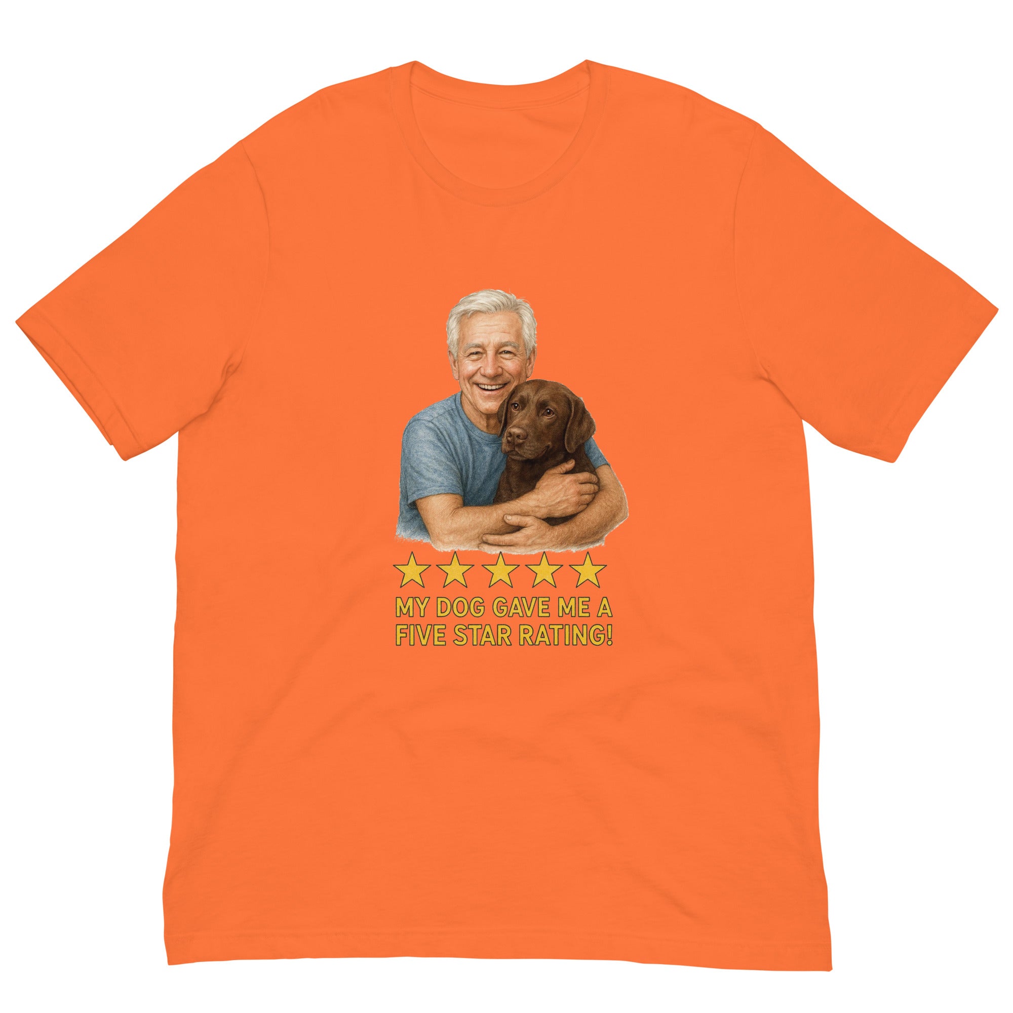 White Hair Man with Chocolate Labrador graphic tee.