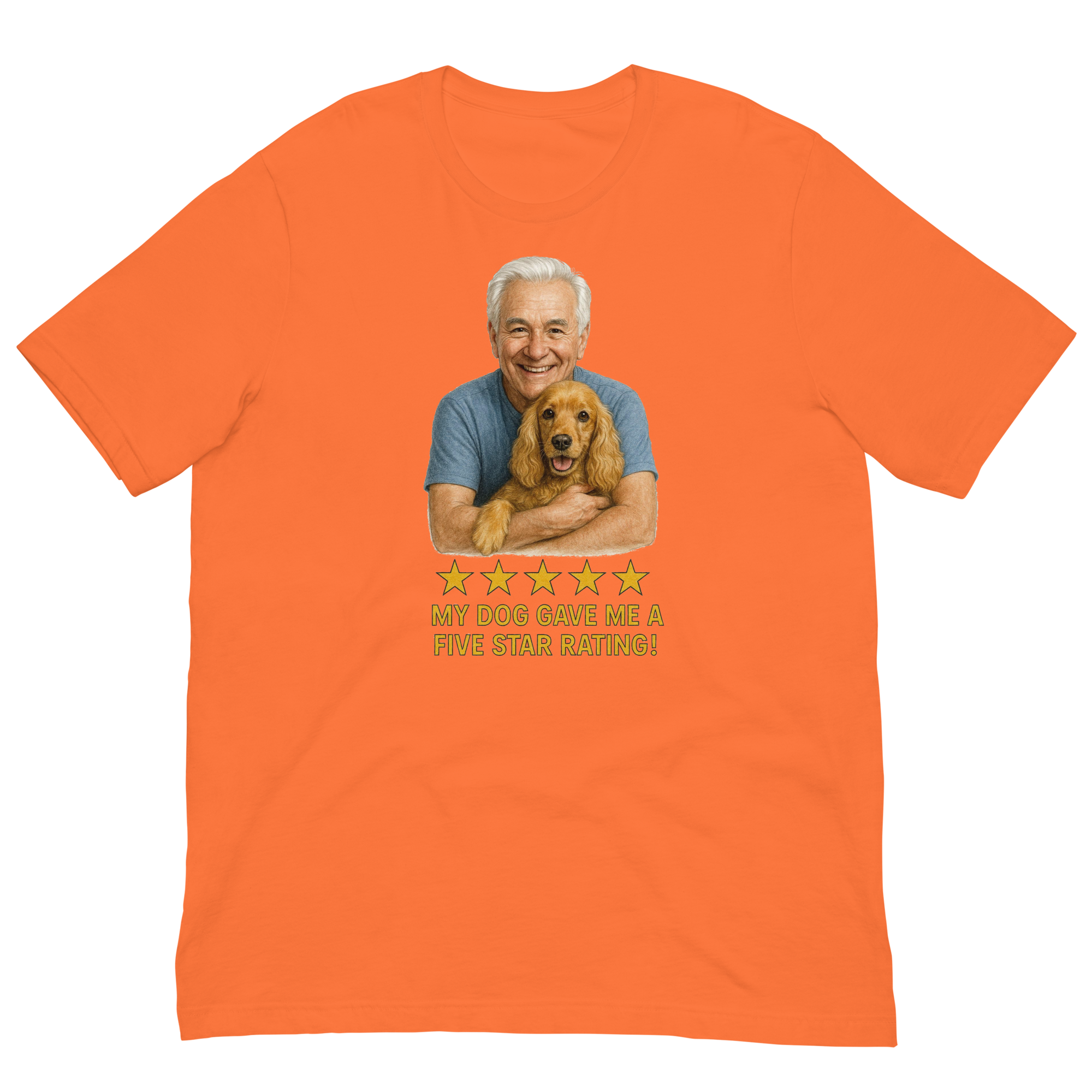 White Hair Man with Cocker Spaniel graphic tee.