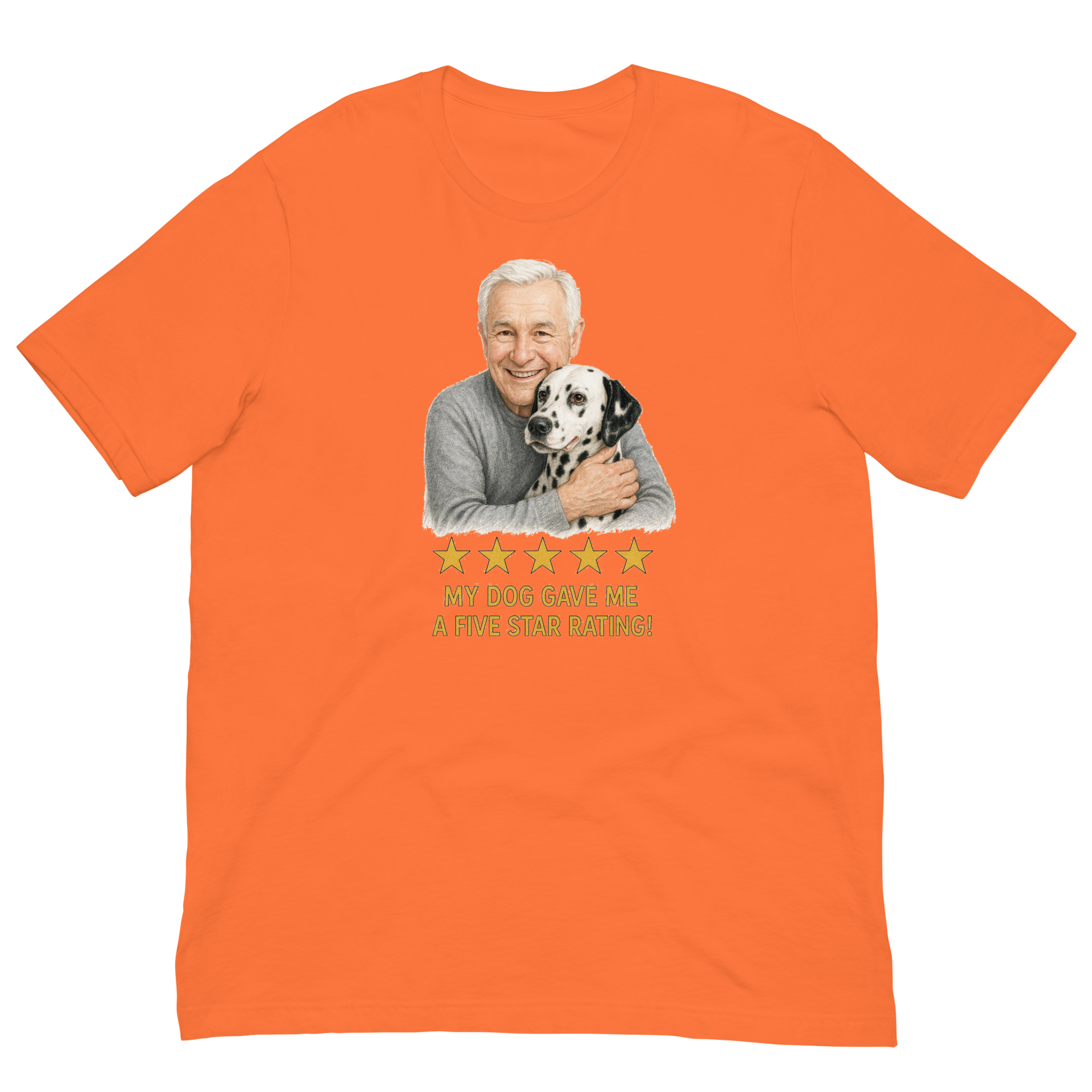 White Hair Man with Dalmatian graphic tee.