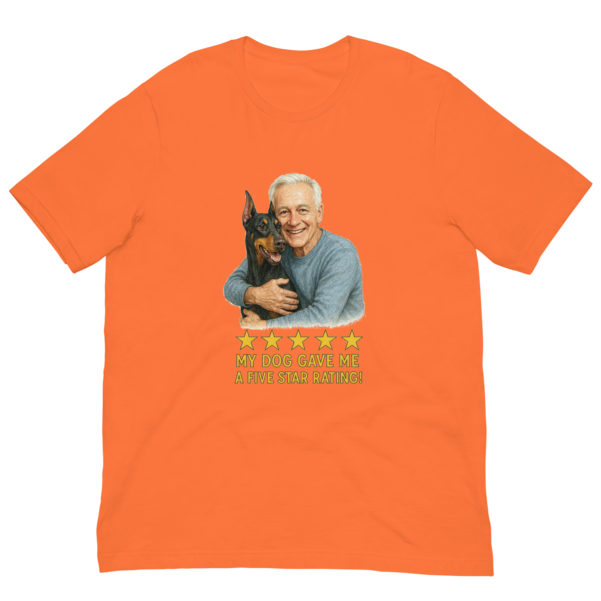 White Hair Man with Doberman Pinscher graphic tee.