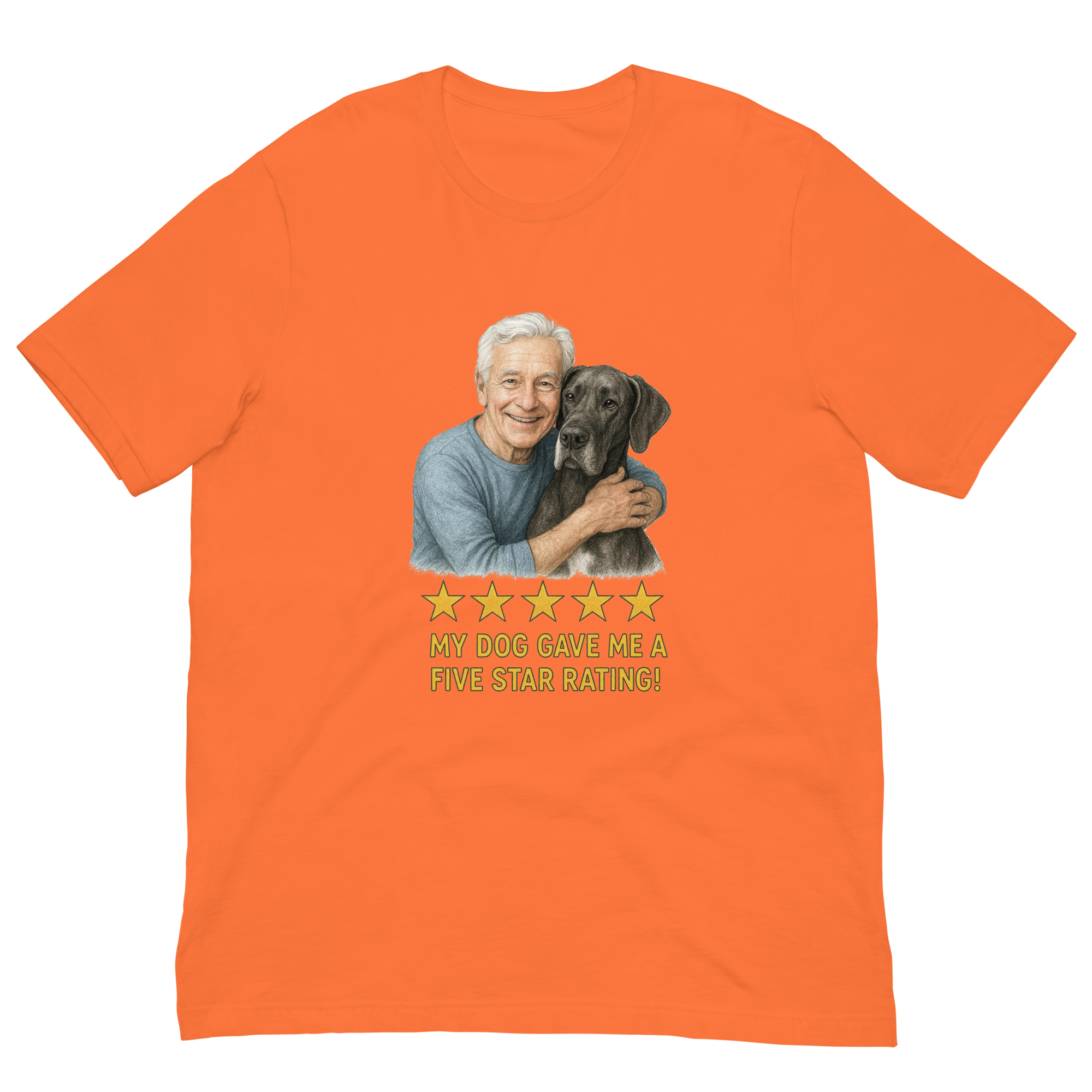 White Hair Man with Great Dane graphic tee.