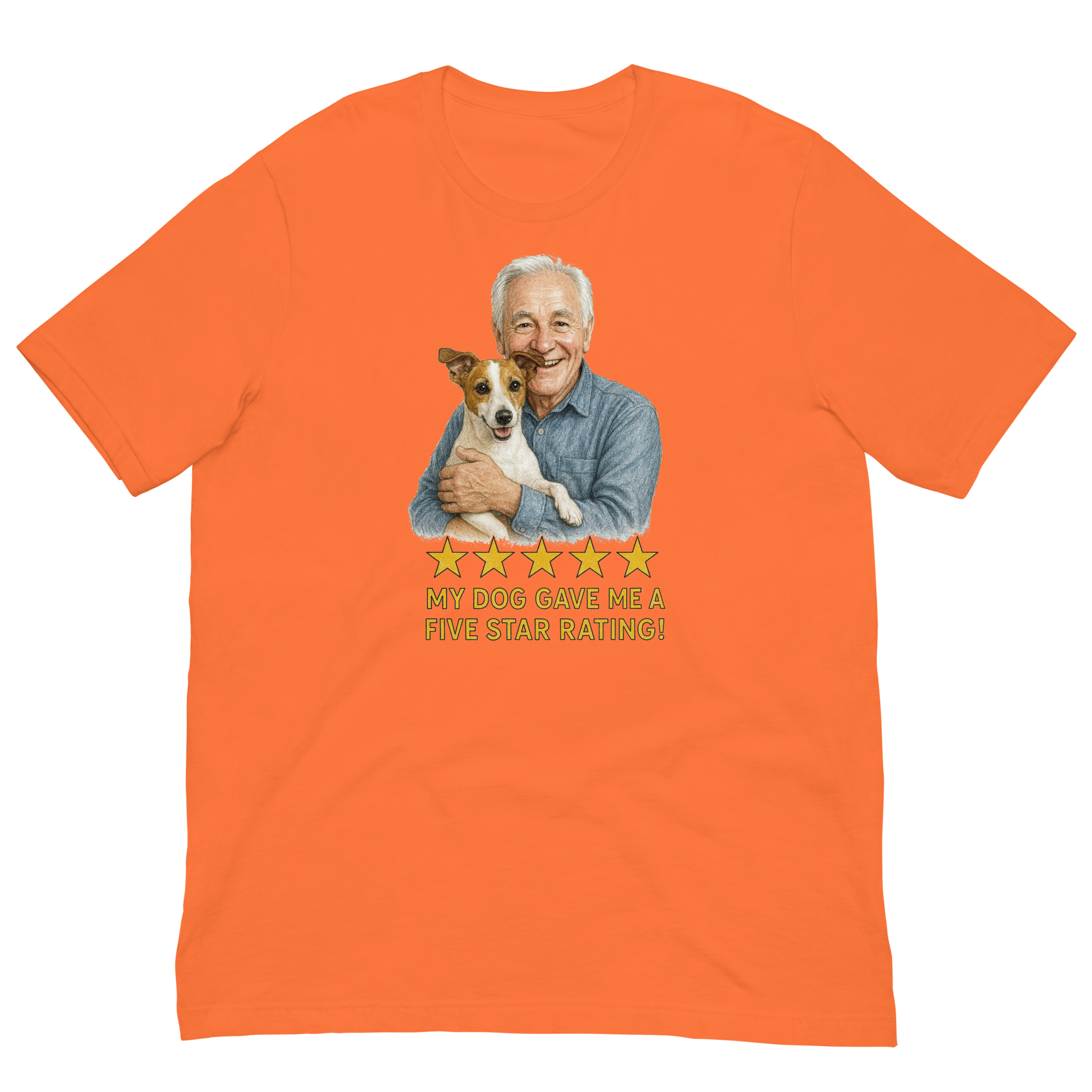 White Hair Man with Jack Russell Terrier graphic tee.