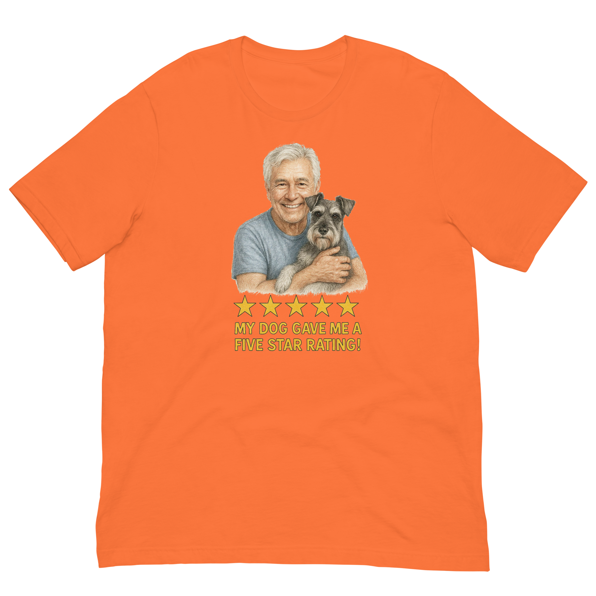 White Hair Man with Schnauzer graphic tee.