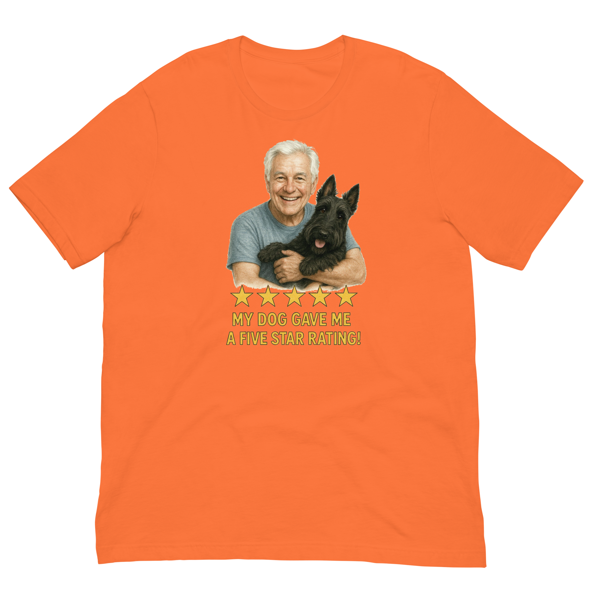 White Hair Man with Scottie graphic tee.