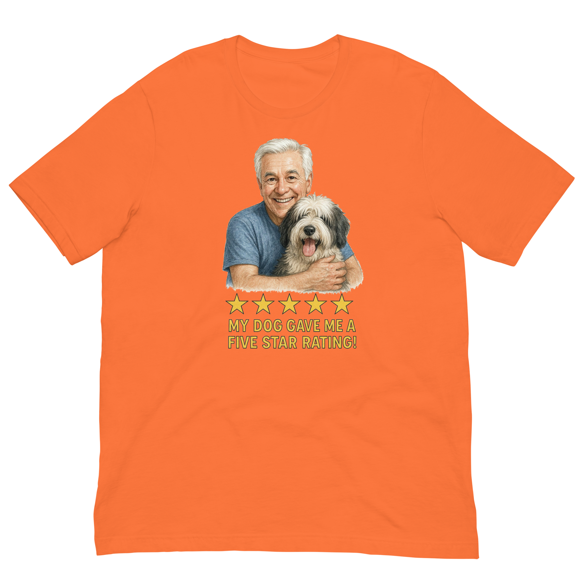 White Hair Man with Sheepdog graphic tee.