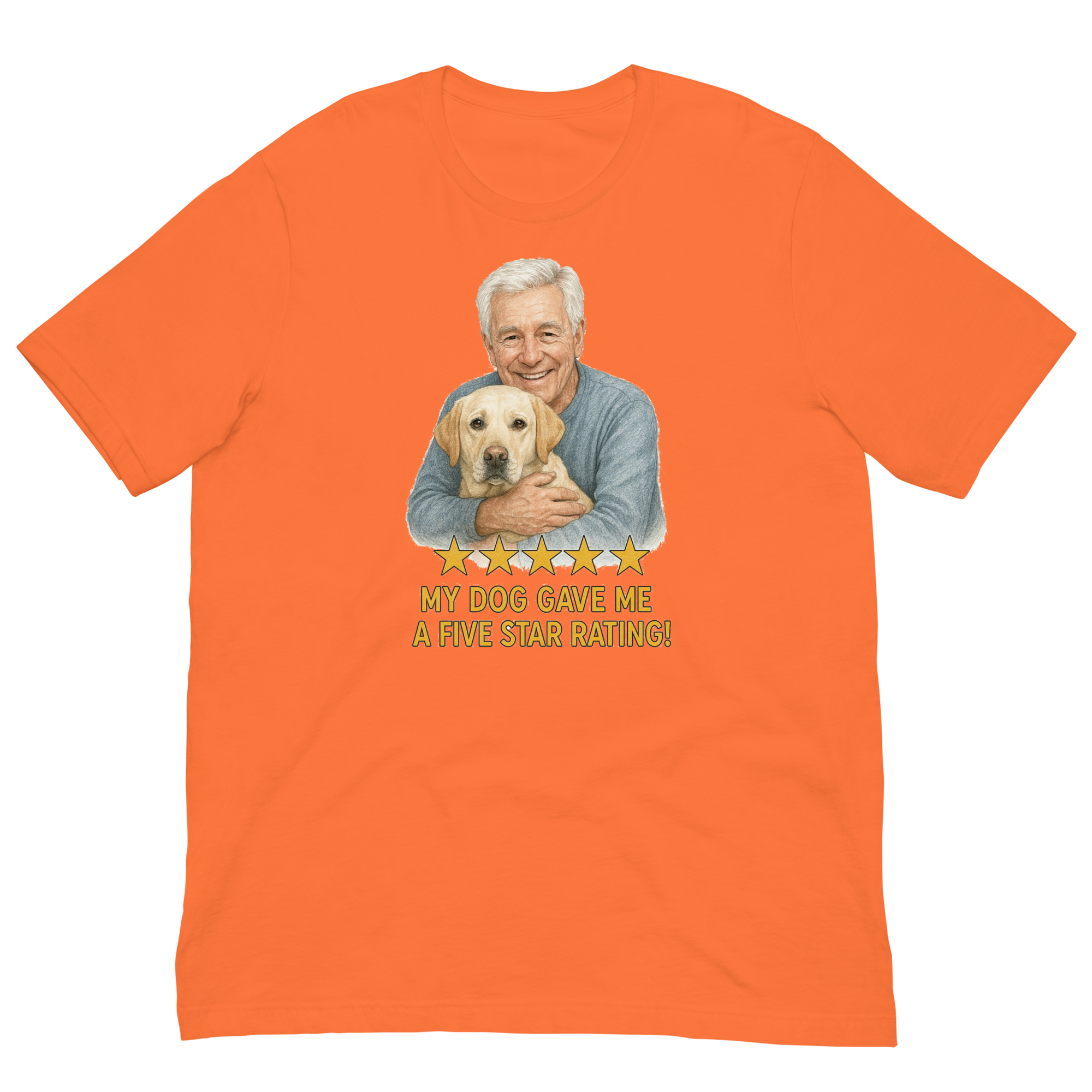 White Hair Man with Yellow Labrador graphic tee.