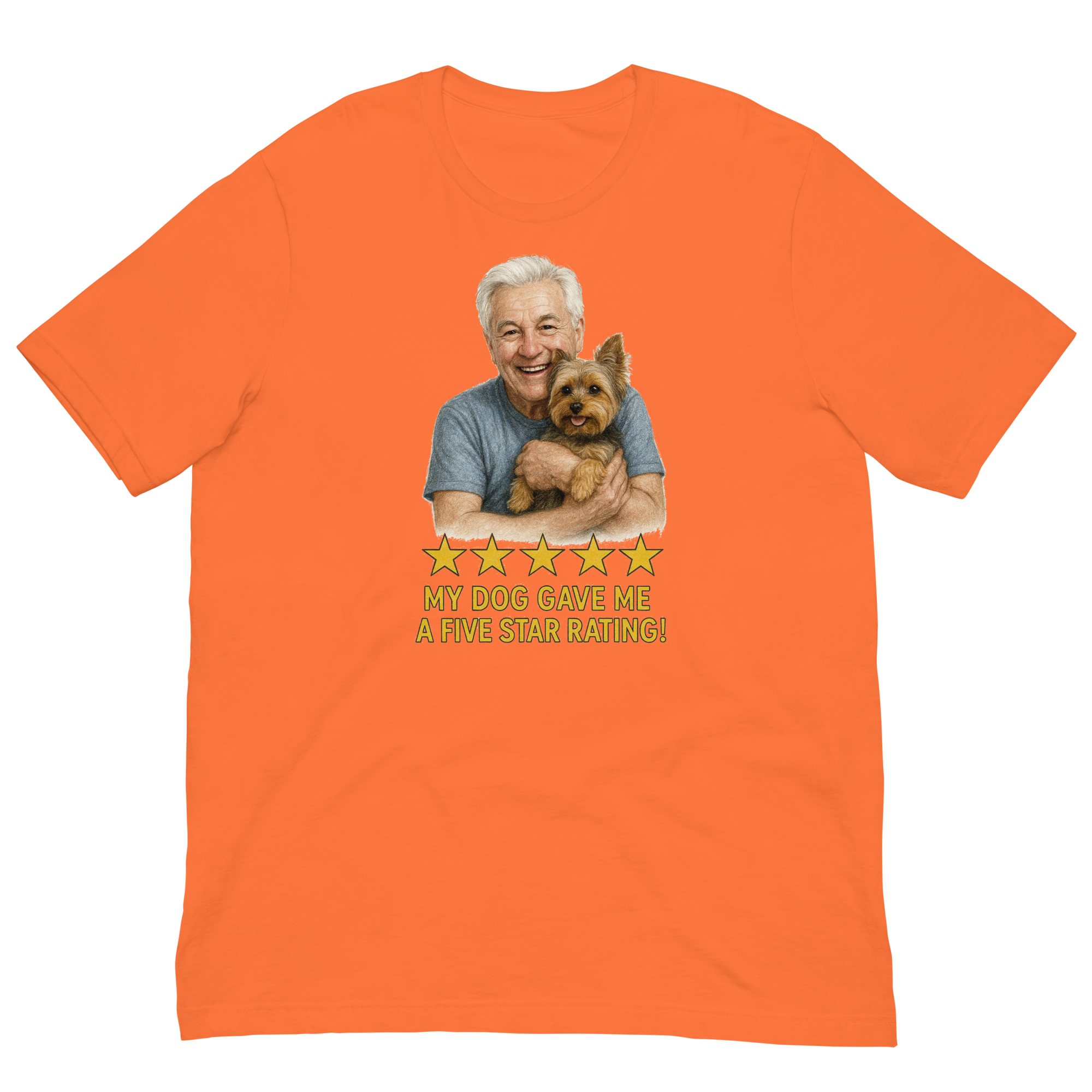 White Hair Man with Yorkie graphic tee.
