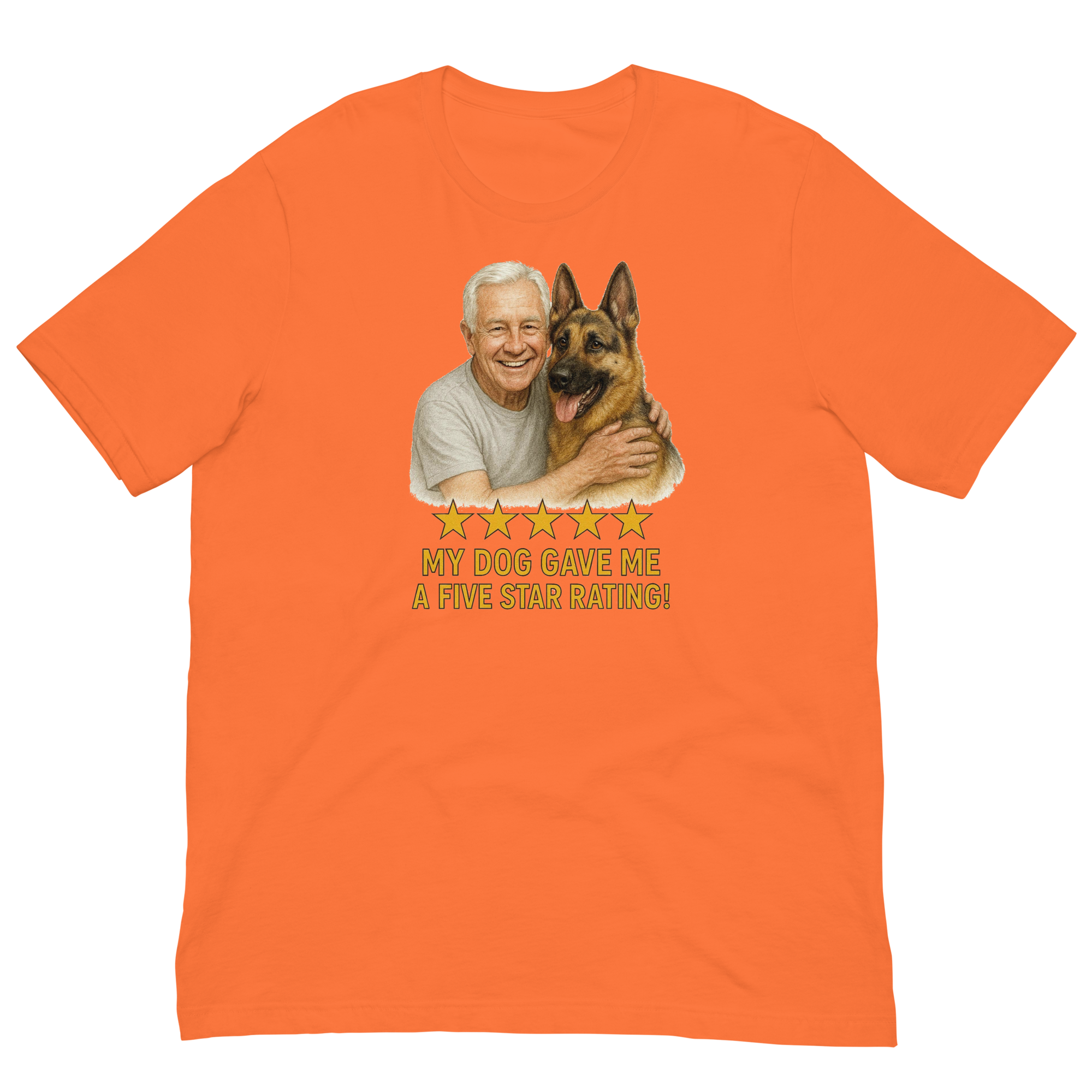 White Hair Man with German Shepherd graphic tee.