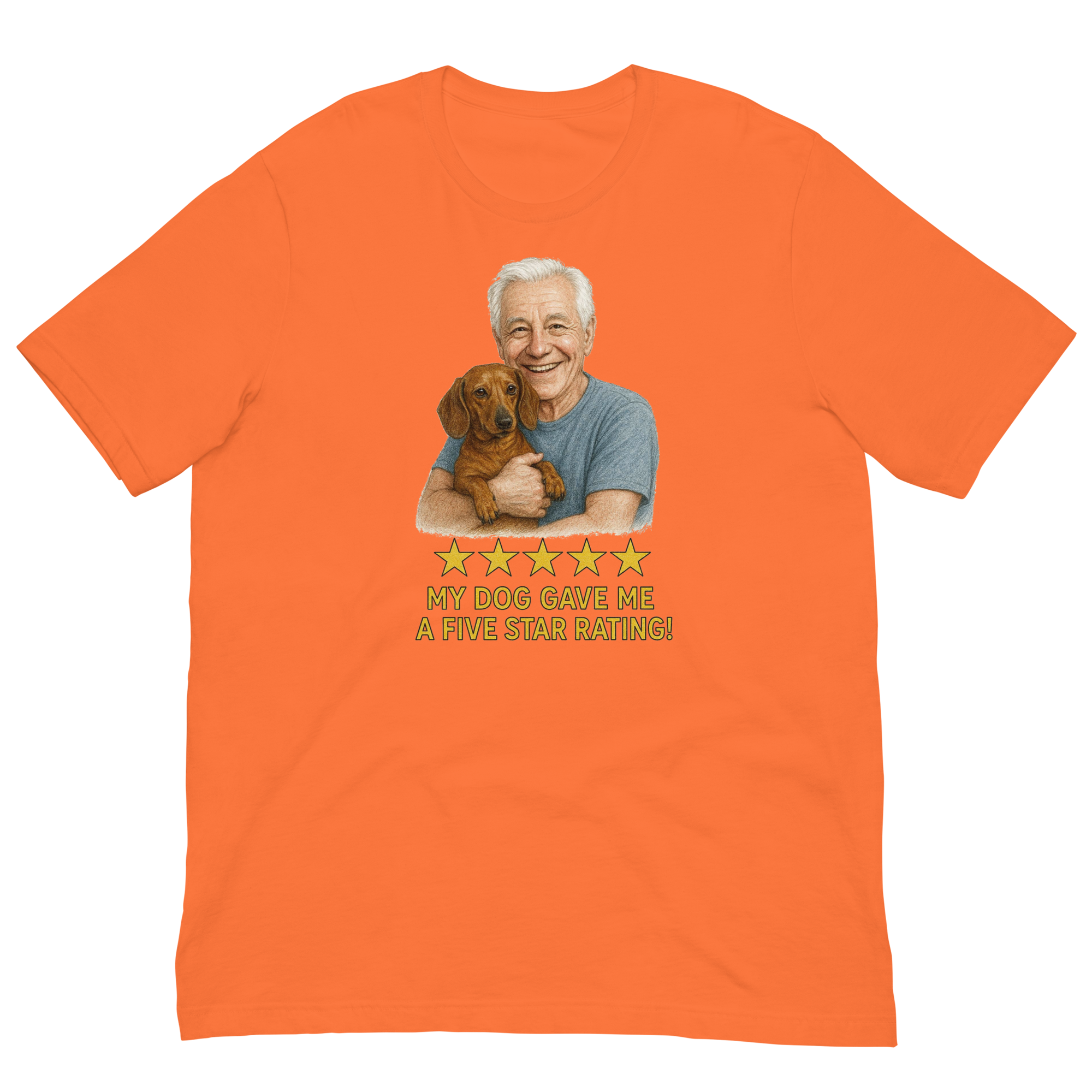 White Hair Man with Dachshund graphic tee.