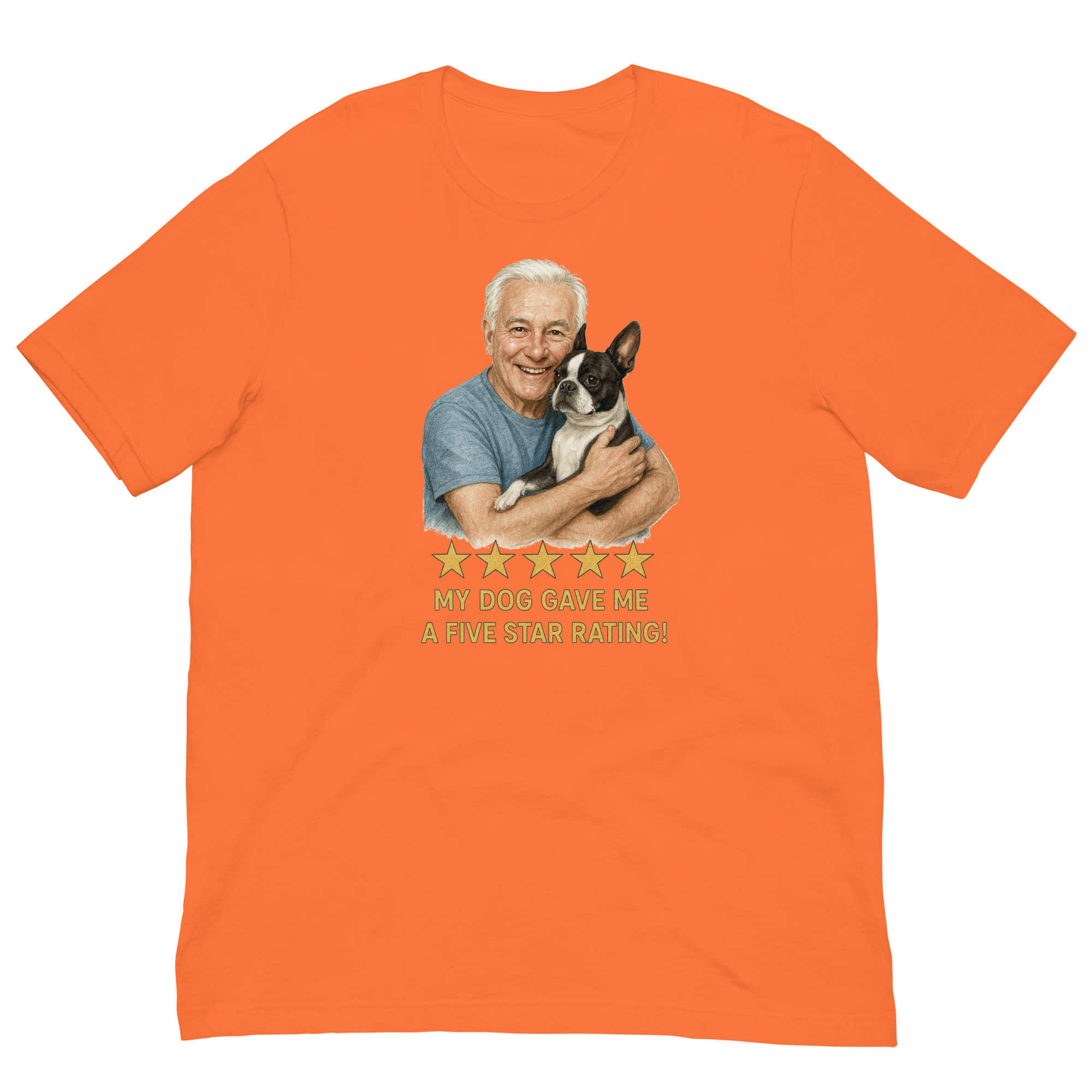 White Hair Man with Boston Terrier graphic tee.