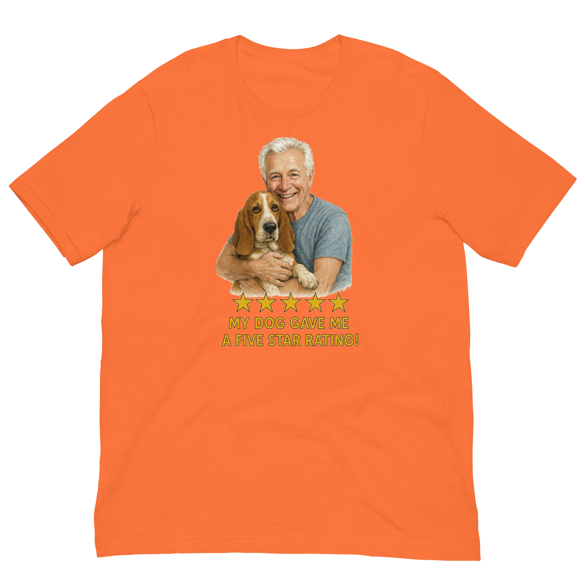 White Hair Man with Basset Hound graphic tee.