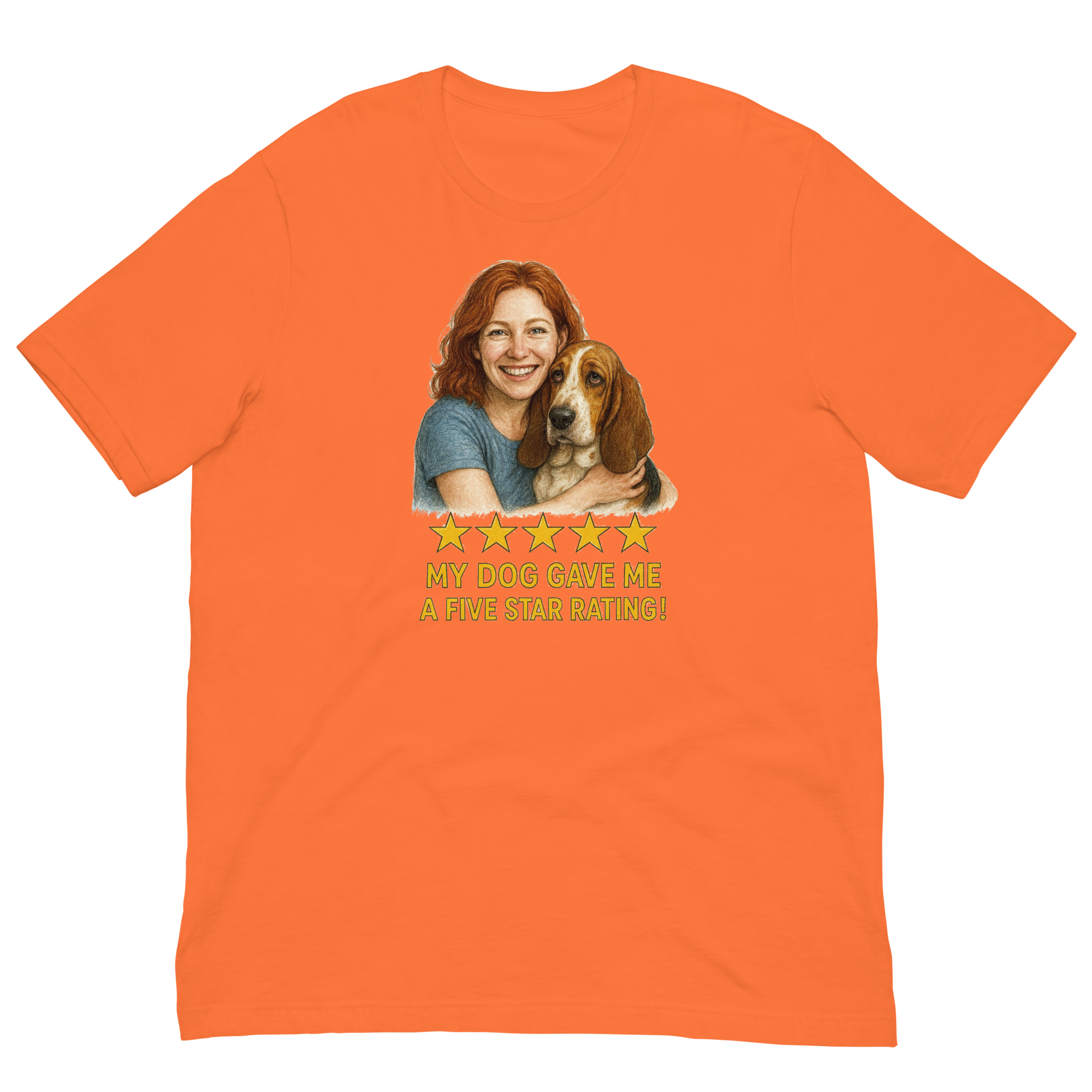 Red Hair Woman with Basset Hound graphic tee.