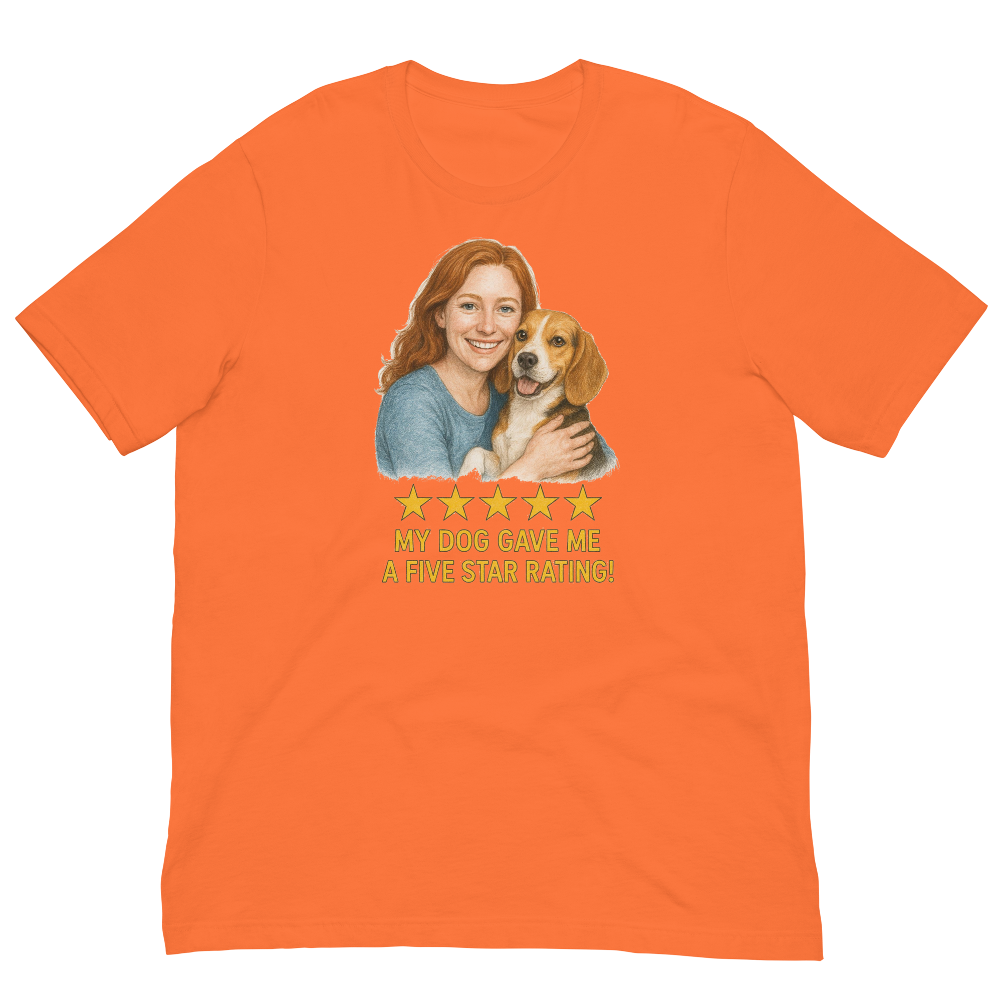 Red Hair Woman with Beagle graphic tee.