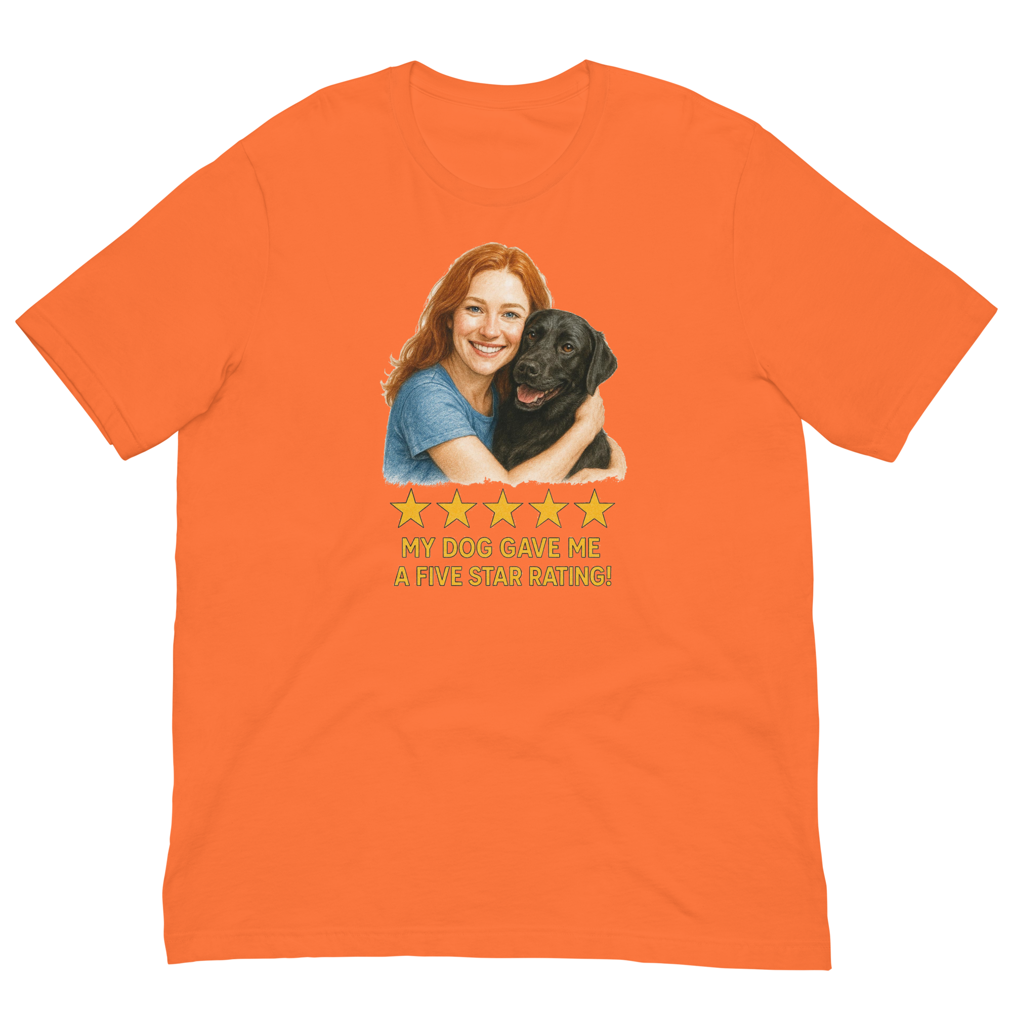 Red Hair Woman with Black Labrador graphic tee.