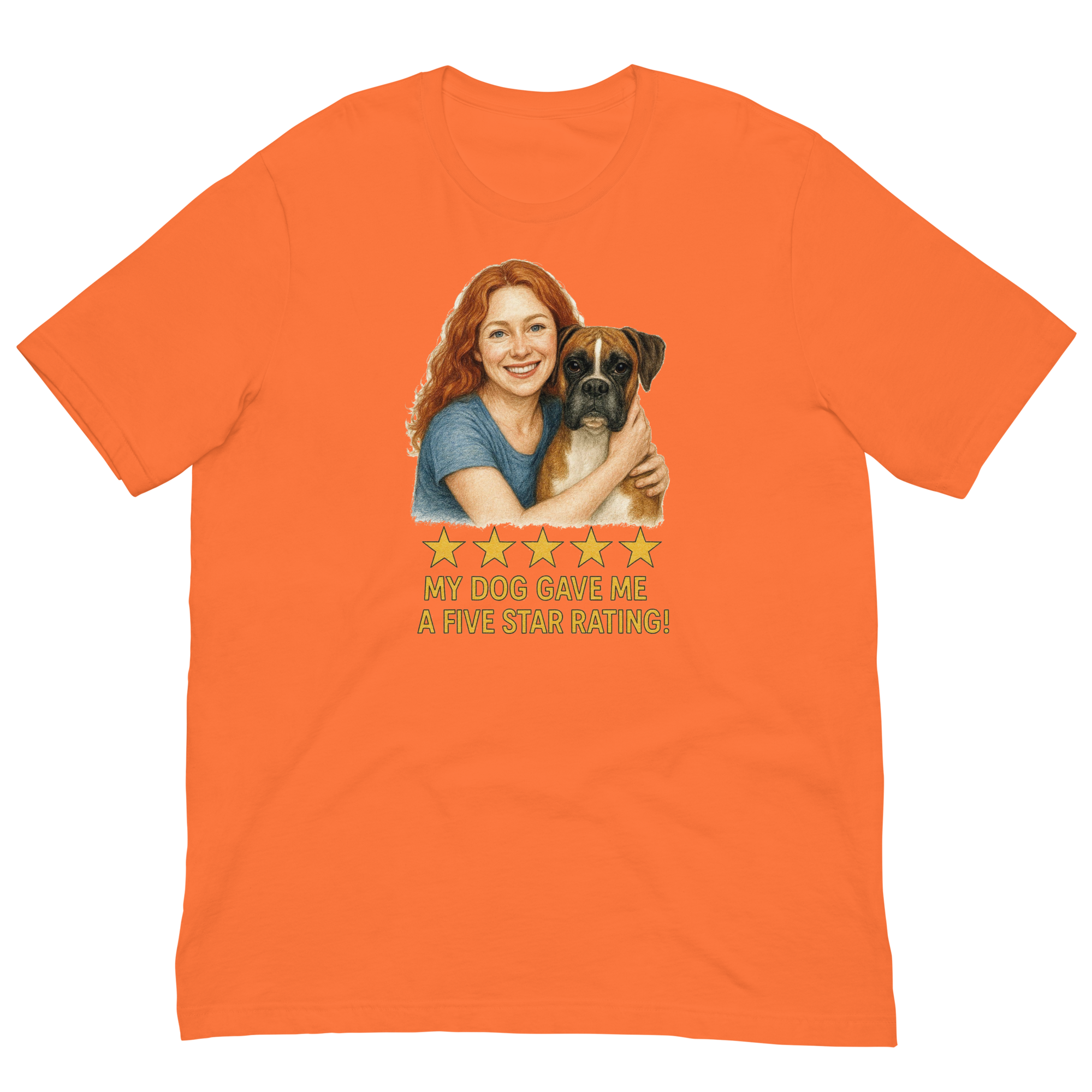 Red Hair Woman with Boxer graphic tee.