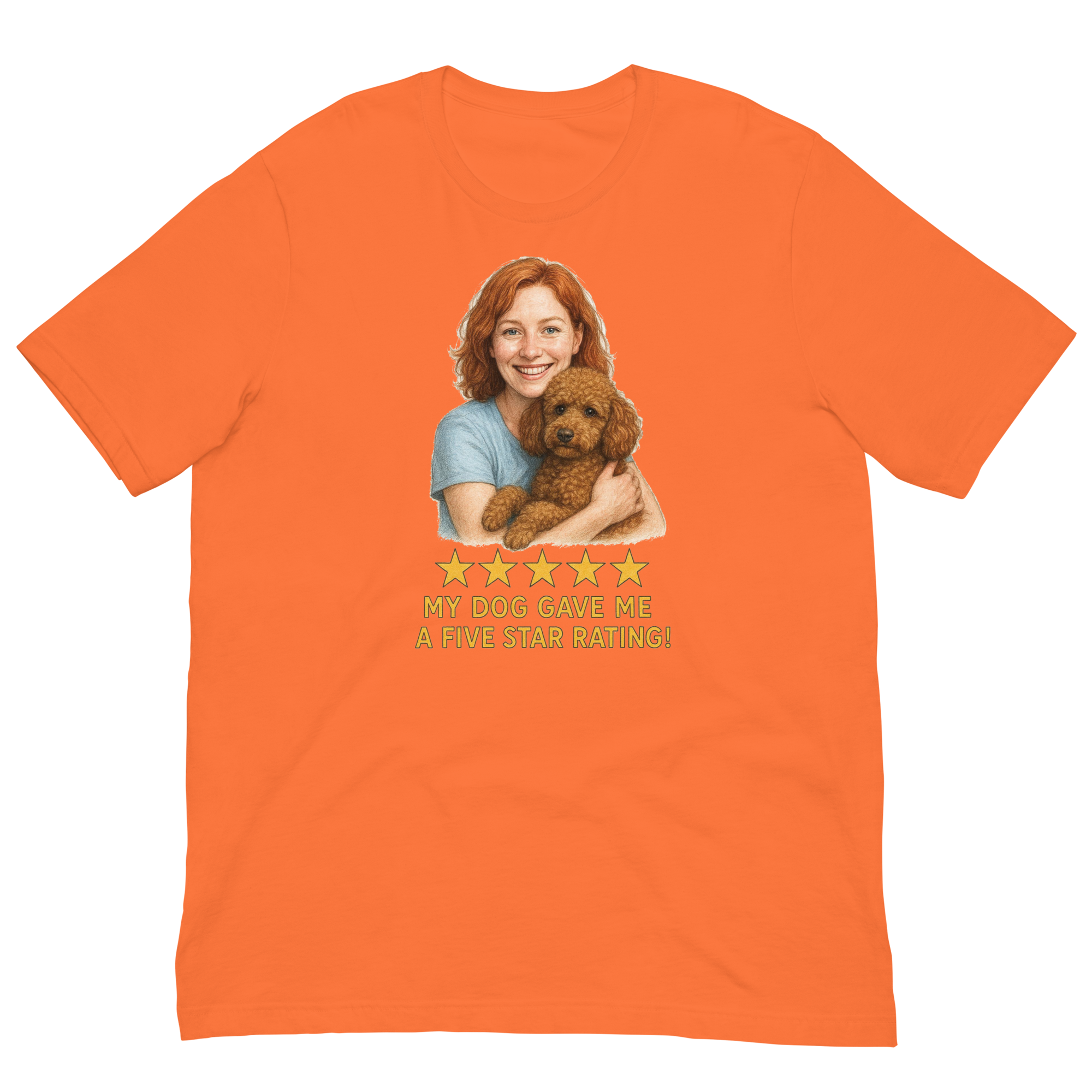 Red Hair Woman with Brown Poodle graphic tee.