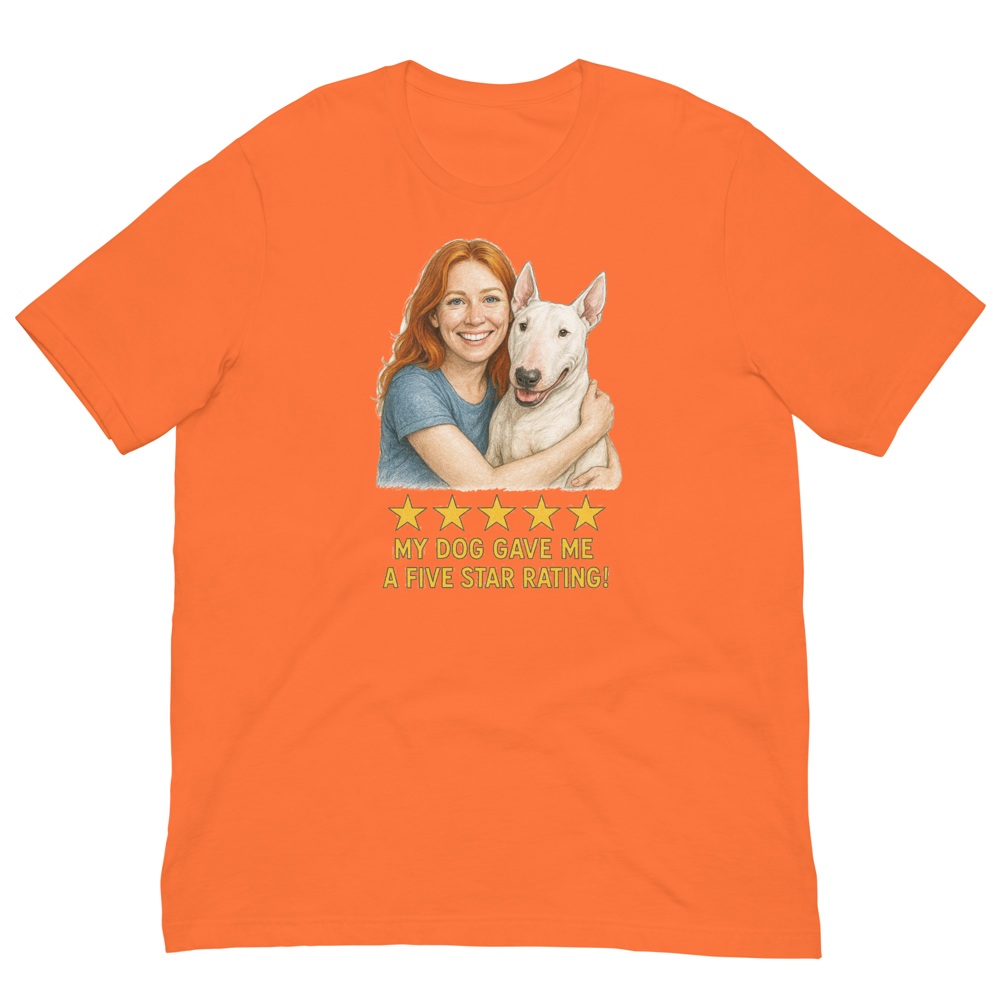 Red Hair Woman with Bull Terrier graphic tee.