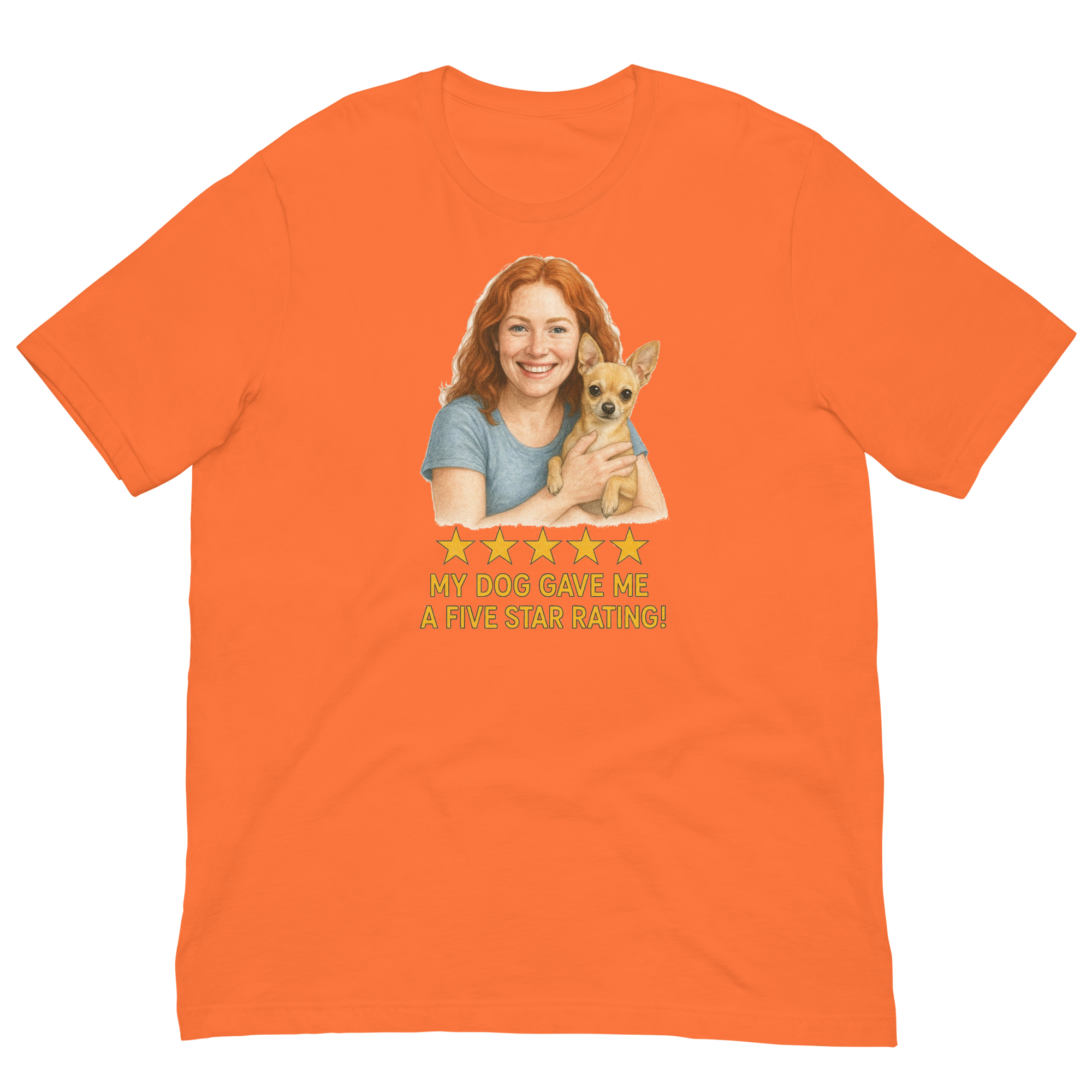 Red Hair Woman with Chihuahua graphic tee.