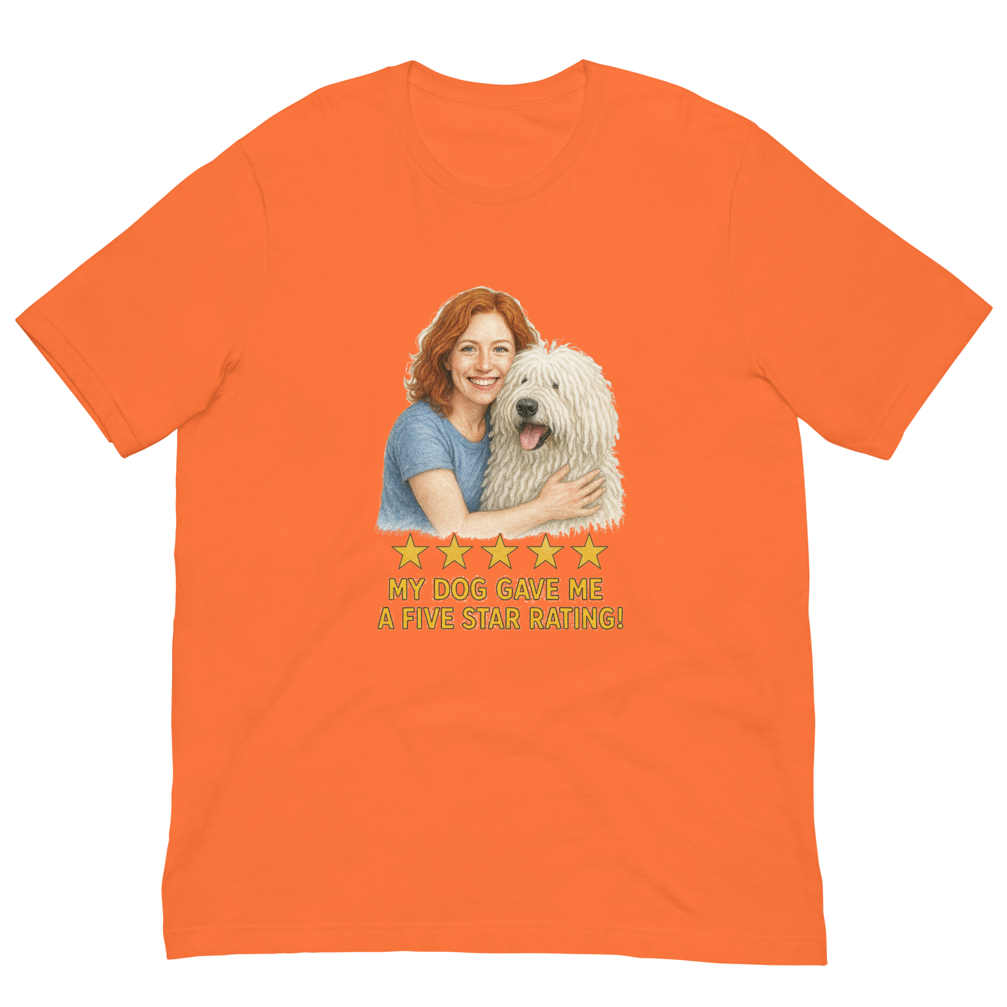 Red Hair Woman with Komondor graphic tee.
