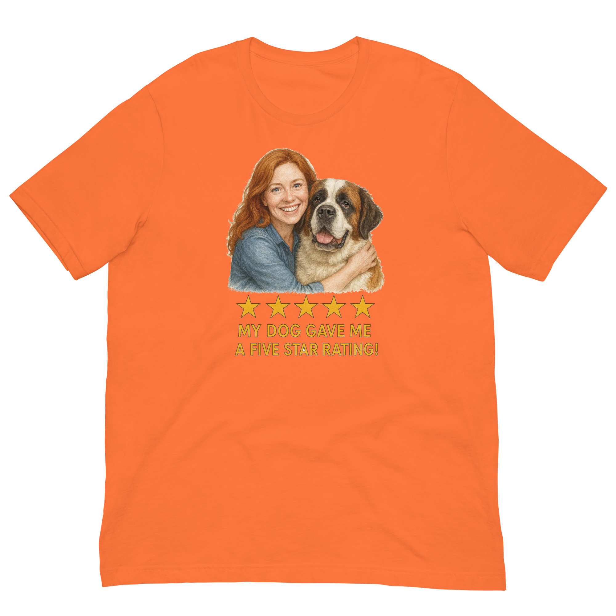 Red Hair Woman with Saint Bernard graphic tee.
